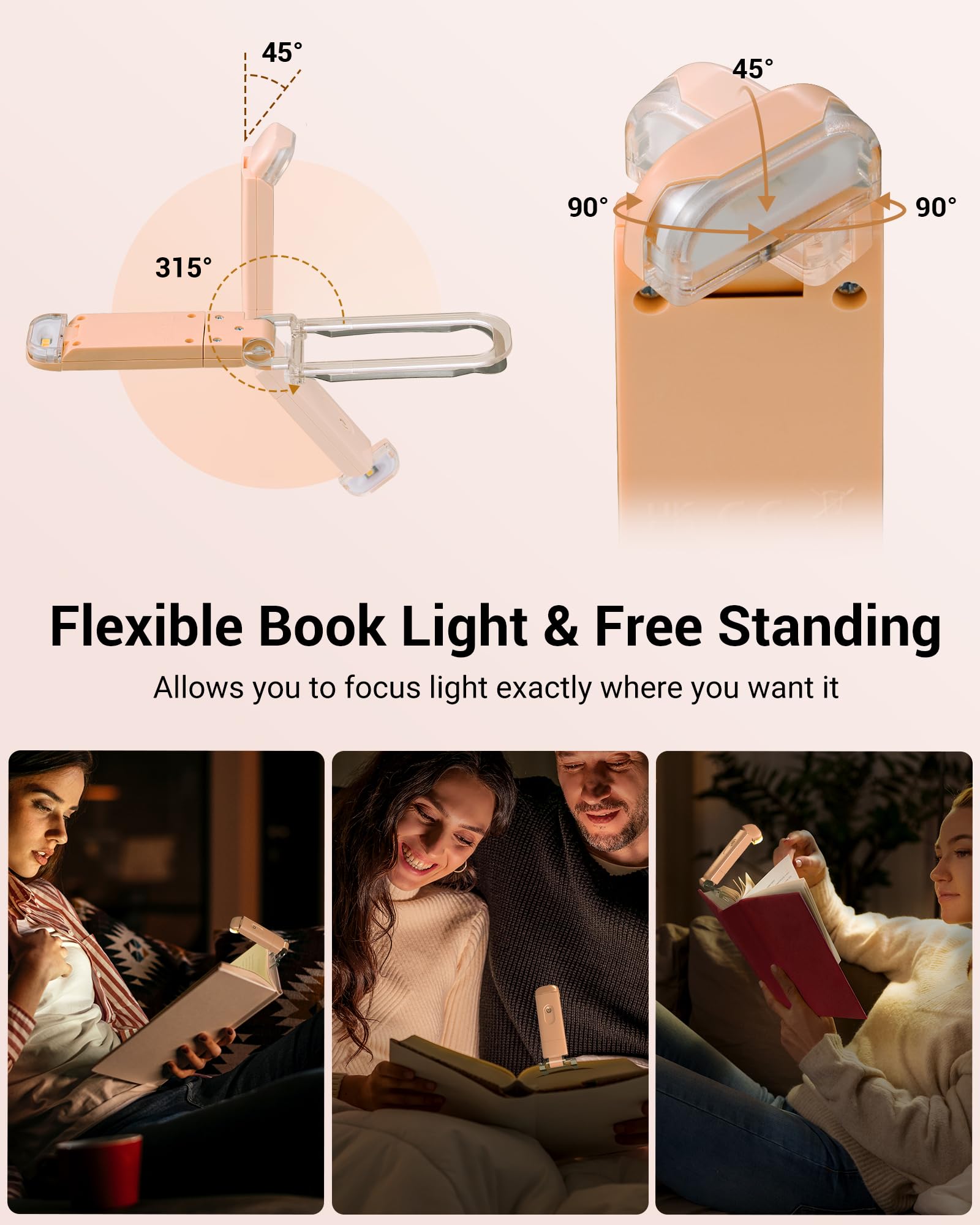DEWENWILS USB Rechargeable Book Reading Light, LED Clip-On, 4 Brightness Levels, Mocha