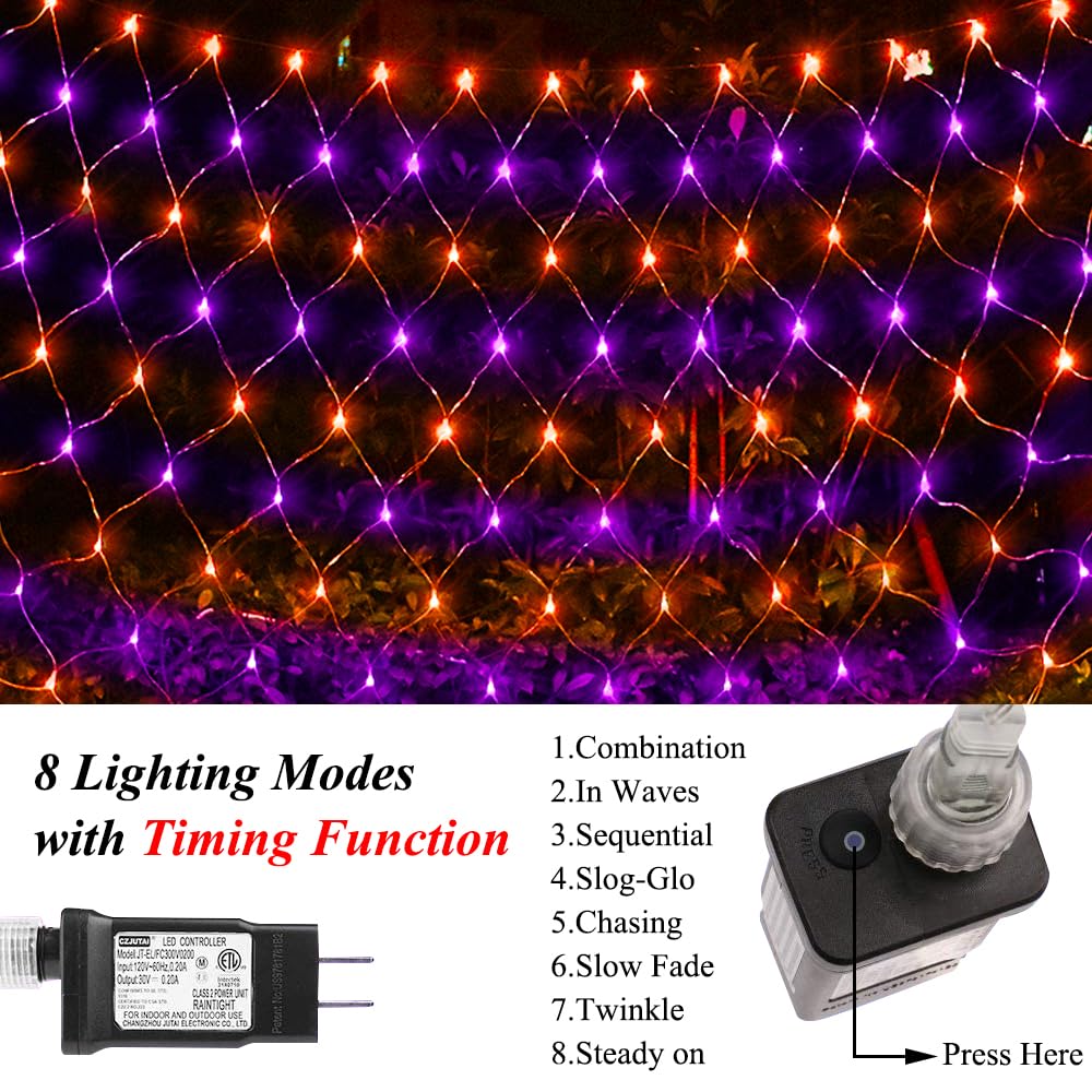 Led Net Light Halloween Decor Mesh Lights  240Led Timer Tree Warp Fairy Lights Outdoor Hanging String Light For Home  Bedroom  Christmas  Garden  Walkway  Bushes Decor-9.8Ft X 6.6Ft(Purple&Orange)