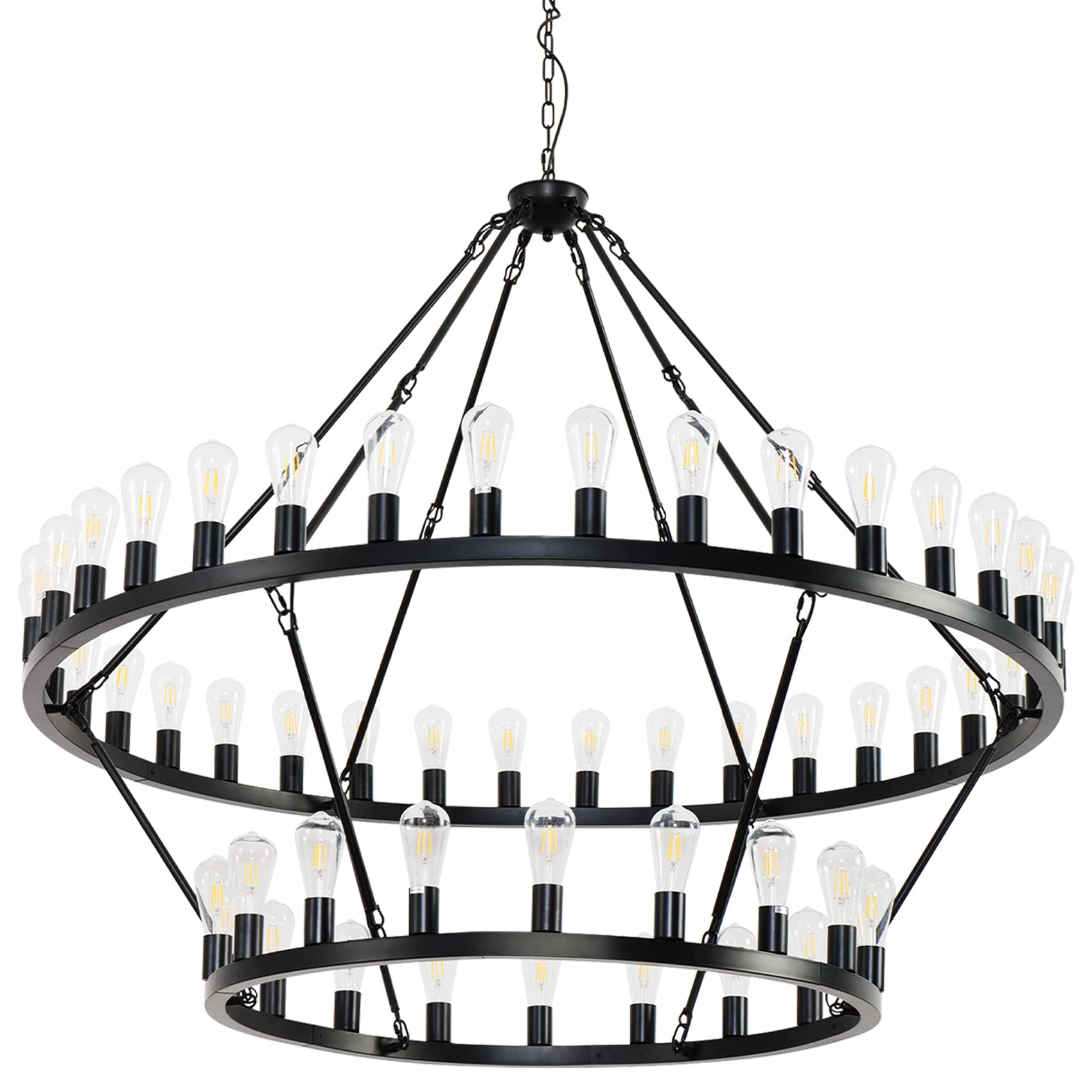 Viksroeo 60 Inch Black Extra Large Wagon Wheel Chandelier, 2 Tier 54-Lights Farmhouse Industrial Round High Ceiling Pendant Ligh