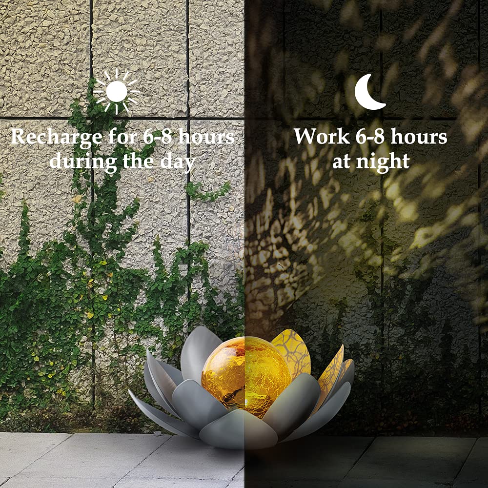 Huaxu Amber Crackle Globe Solar Lights - Gray Metal Lotus Garden Decor For Outdoor Use
