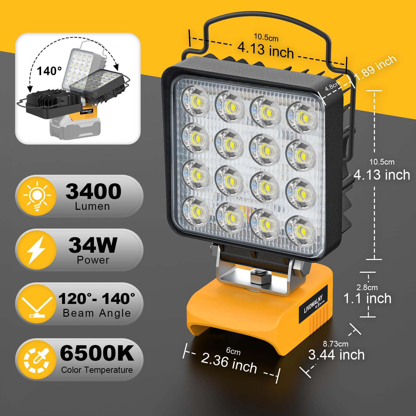 Livowalny Cordless 20V Max Led Work Light For Dewalt 20V Battery, 48W 4800Lm Flashlight, Led Flood Light, Battery Light With Usb And Type C Charging Port Led Light For Outdoors And Job Site Lighting