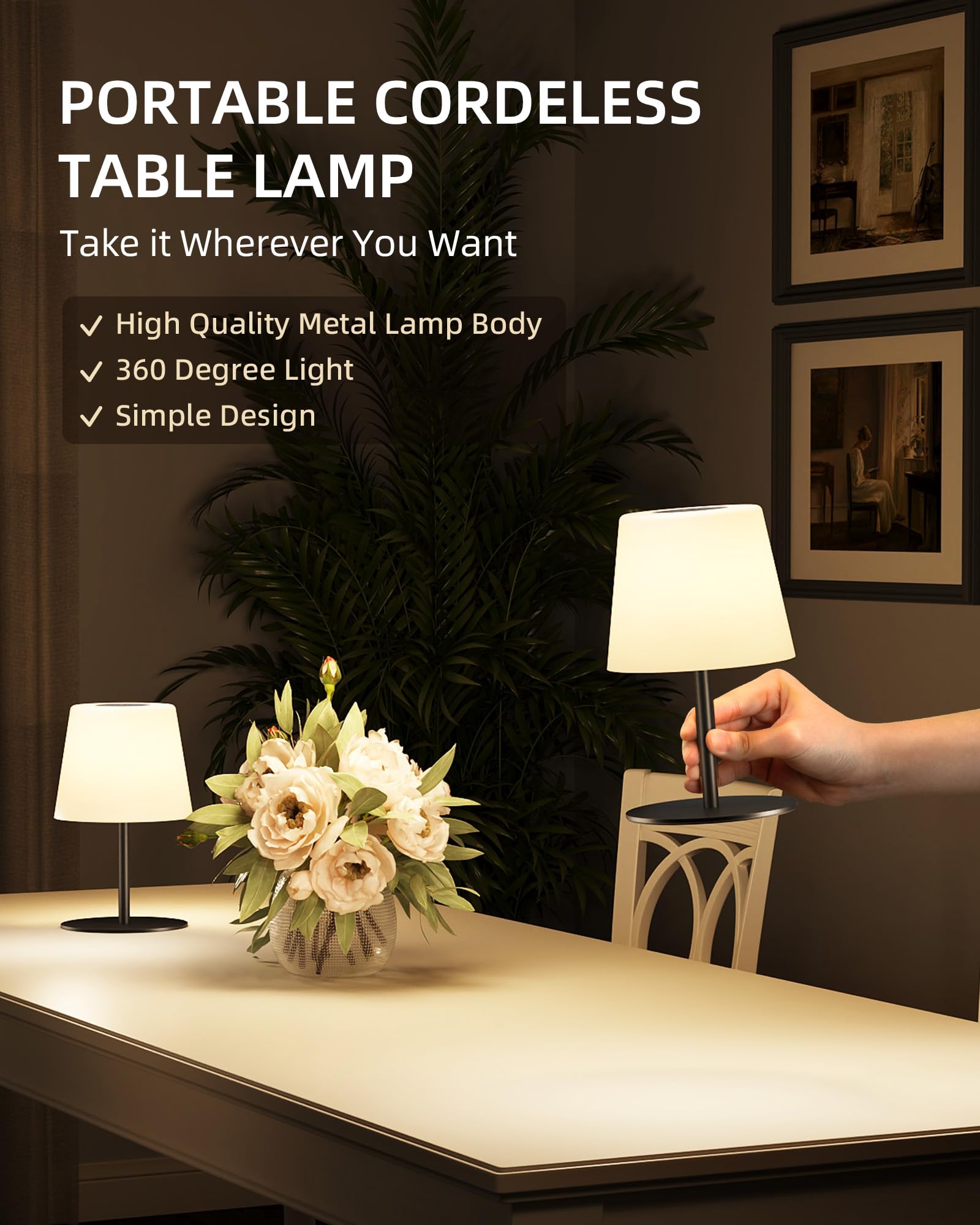 EZVALO Cordless Outdoor Table Lamp, IP65 Waterproof, Dimmable Touch, 4500mAh Rechargeable, 1 Pack, Black