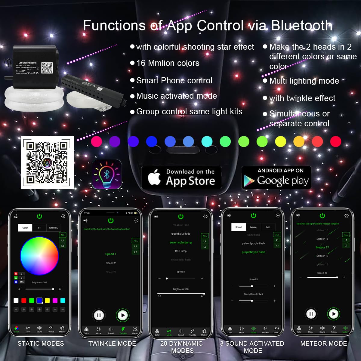 AKEPO 20W RGBW Twinkle Fiber Optic Lights, 1300pcs 0.03in 13.1ft, Aluminum, Colorful Meteor, Model QJ-L020