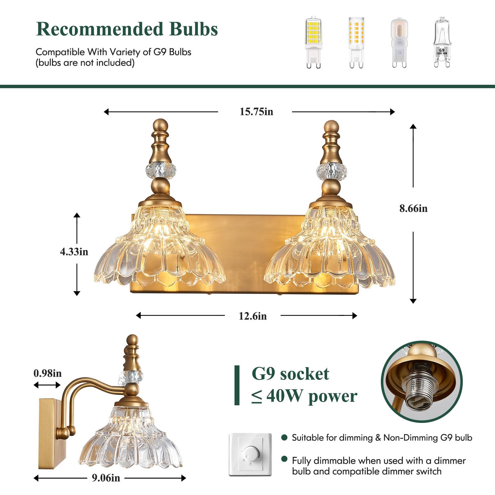 Lbsqj Vintage Bathroom Vanity Light  2-Light Brass Vanity Lighting Fixture With Flower Glass Shade  Bathroom Lighting Fixtures Over Mirror