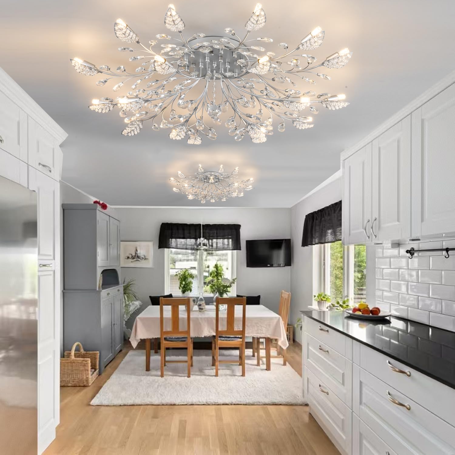 Modern Crystal Ceiling Light Fixture,Silvery Semi Flush Mount Chandeliers,Crystal Leaf Ceiling Light, Chandeliers For Dining Roo