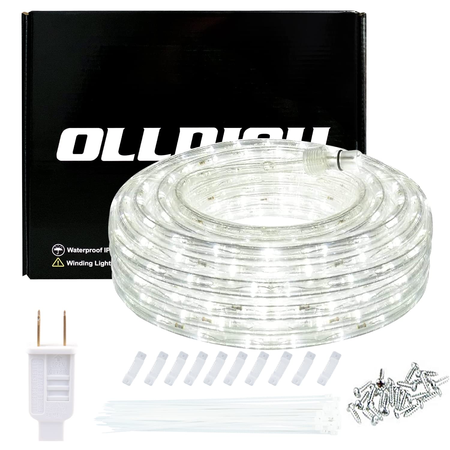 ollrieu 50ft 360 LED Rope Lights, 110V Daylight White 6000K, Waterproof Classic Clear Rope, Indoor/Outdoor, Patio, Flexible, Linkable, Durable