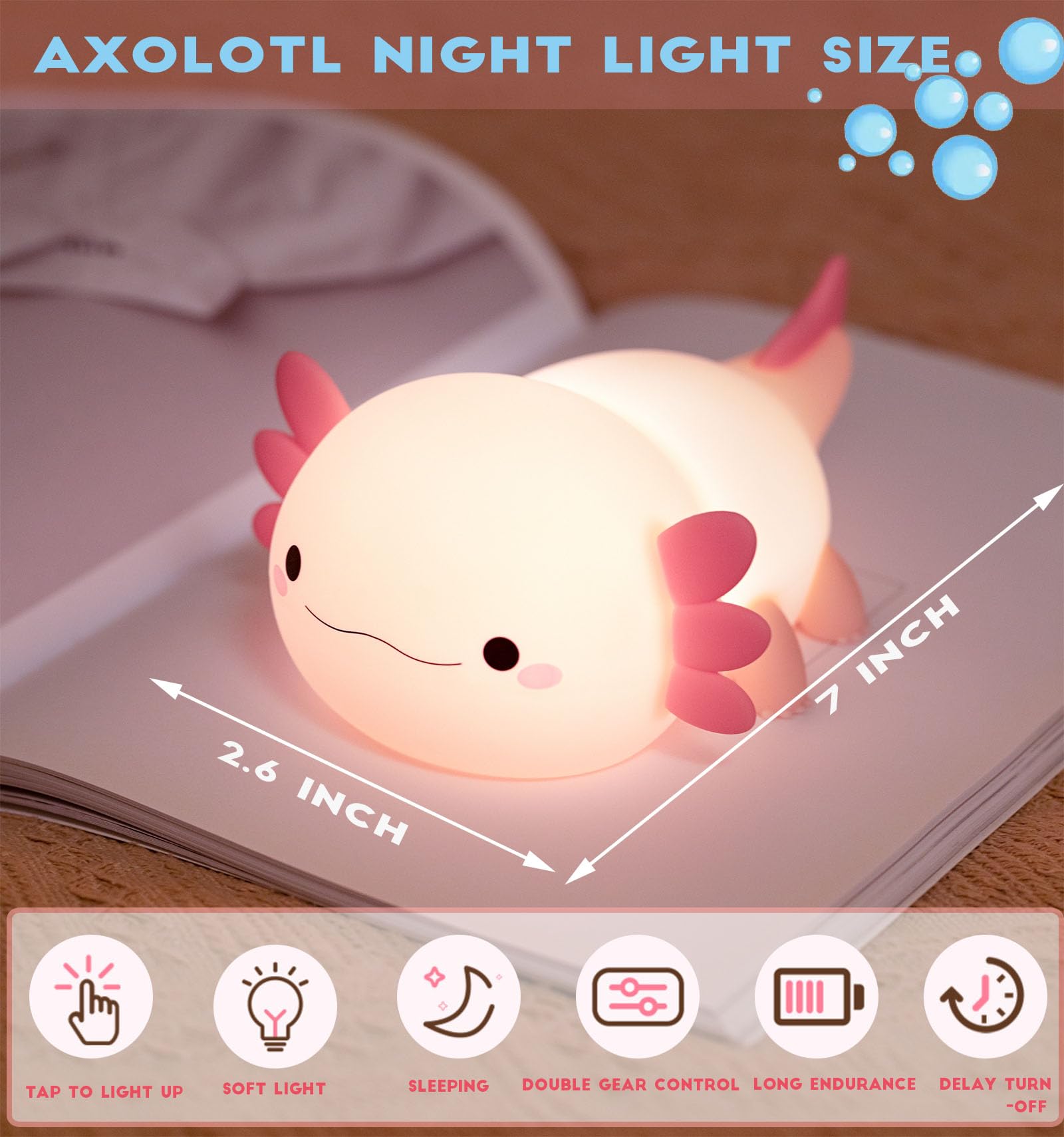 Cute Axolotl Night Light For Kids - Rechargeable Led Animal Silicone Table Lamp, Bedside Lamp For Nursery Room Decor