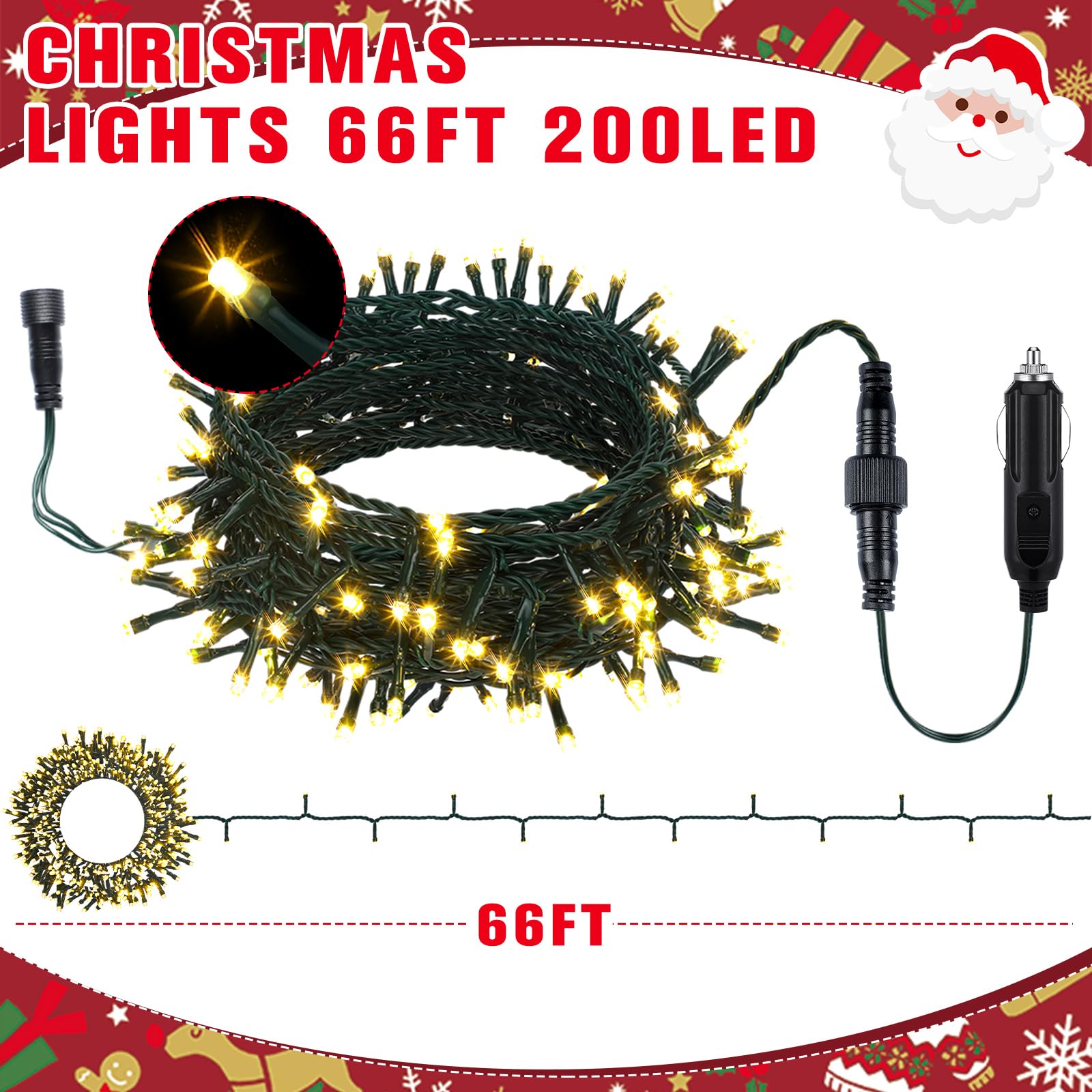 Aurelema 12V LED String Lights - 66 ft, 200 Warm Yellow Waterproof Lights for Christmas Car Decorations, Model MJO-Aurelema-1542