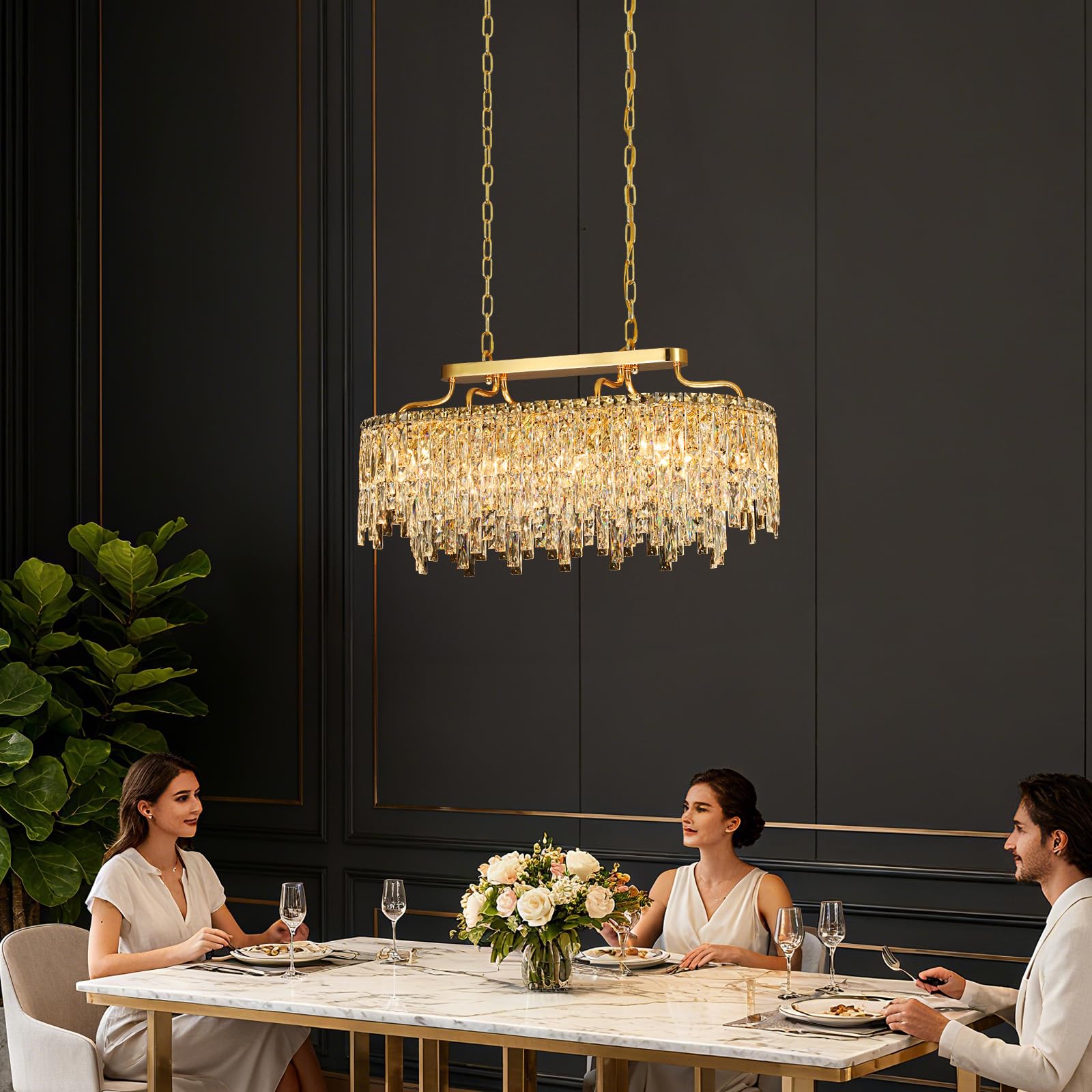 Nisidun Gold Crystal Chandelier | Modern stylish Oval-Shaped Chandeliers For Dining Room Light Fixture  32 10-Light Crystal Ceiling Lighting Fixture For Dining Room Kitchen Island Bar