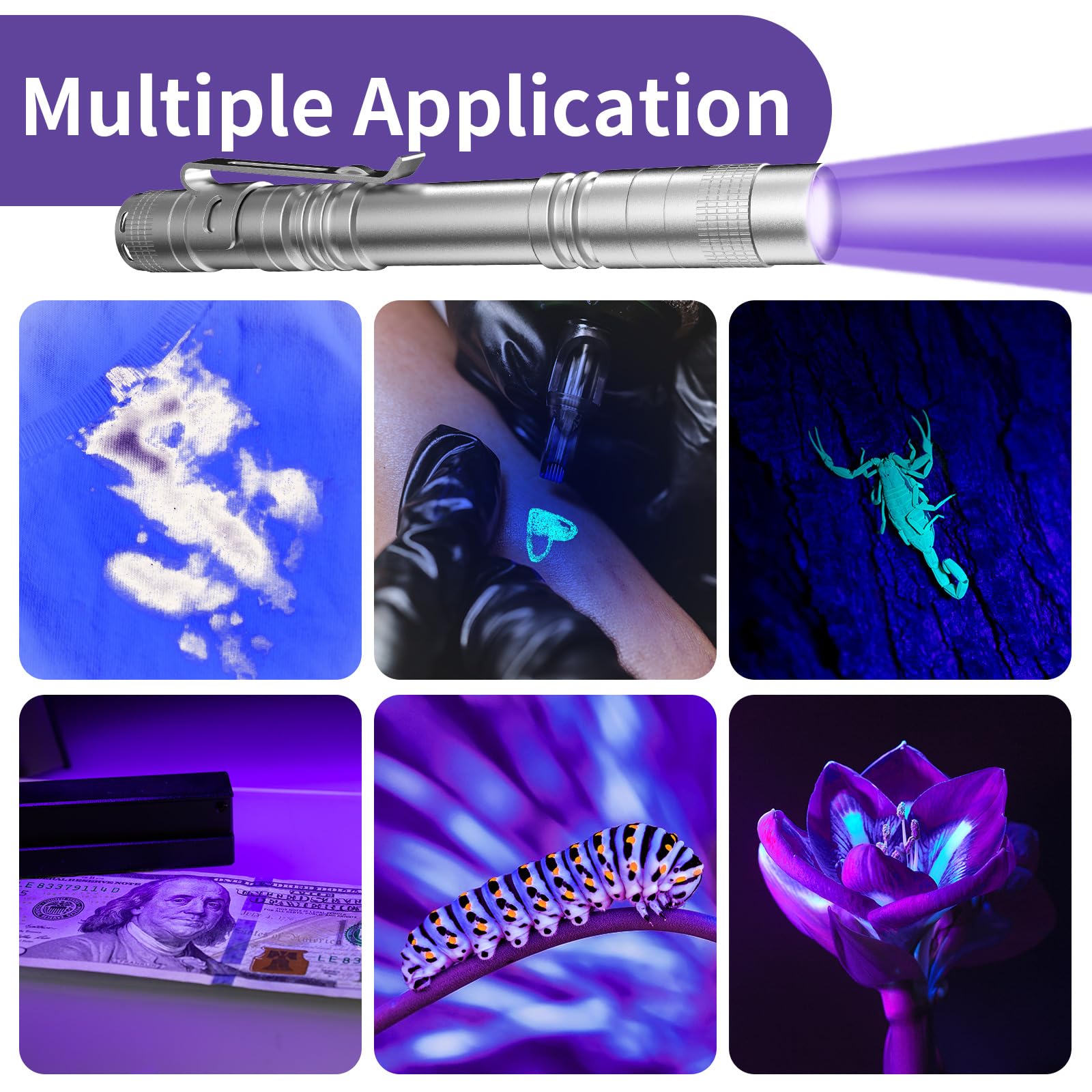 COSOOS UV Flashlight 2 Pack, 395nm Mini Pen Light, Waterproof, Silver, Ideal for Pet Urine Detection and Scorpion Finding