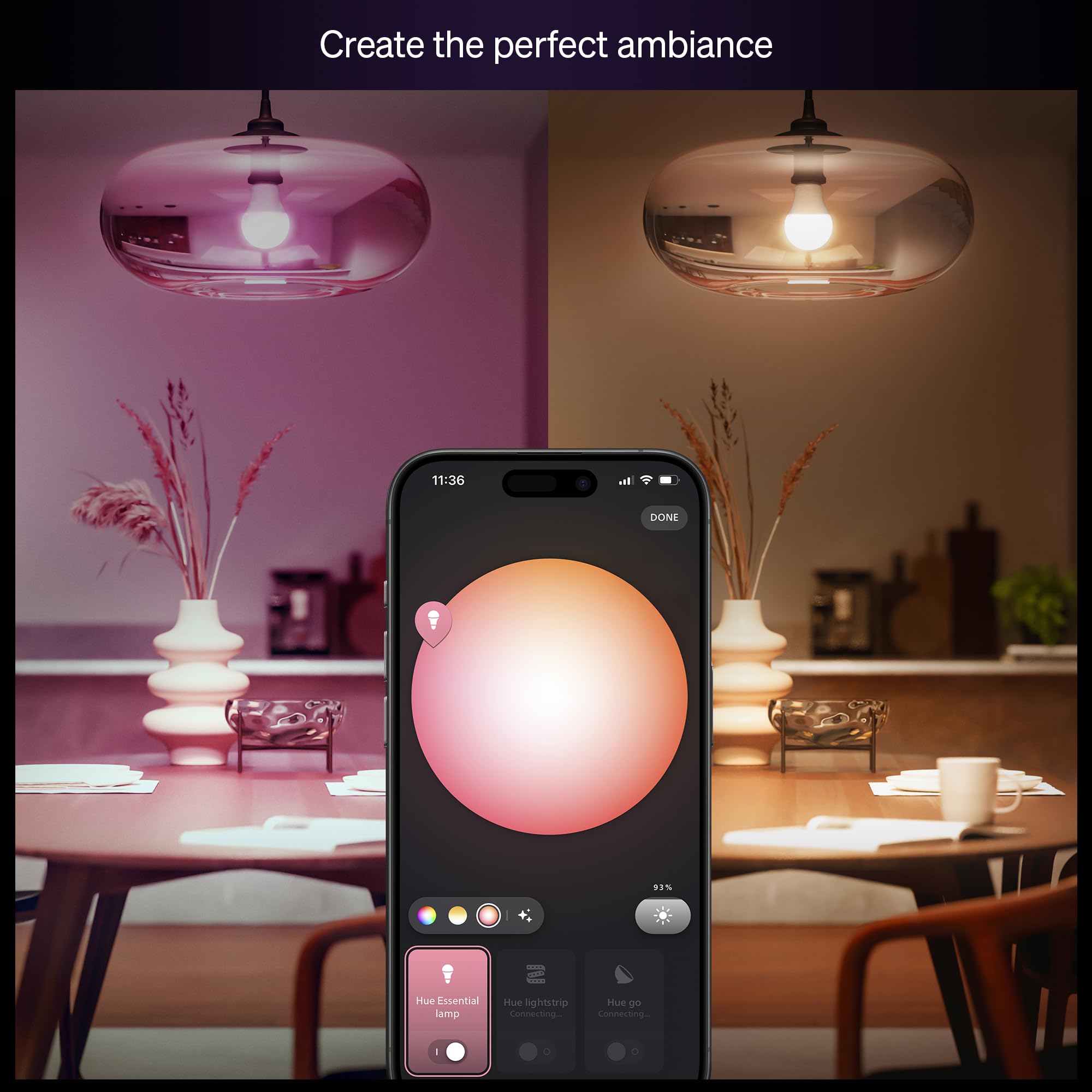 Philips Hue Essential Smart LED A19 Bulb, Dimmable, 800 Lumens, E26 Base, White/Color Ambiance, 1-Pack