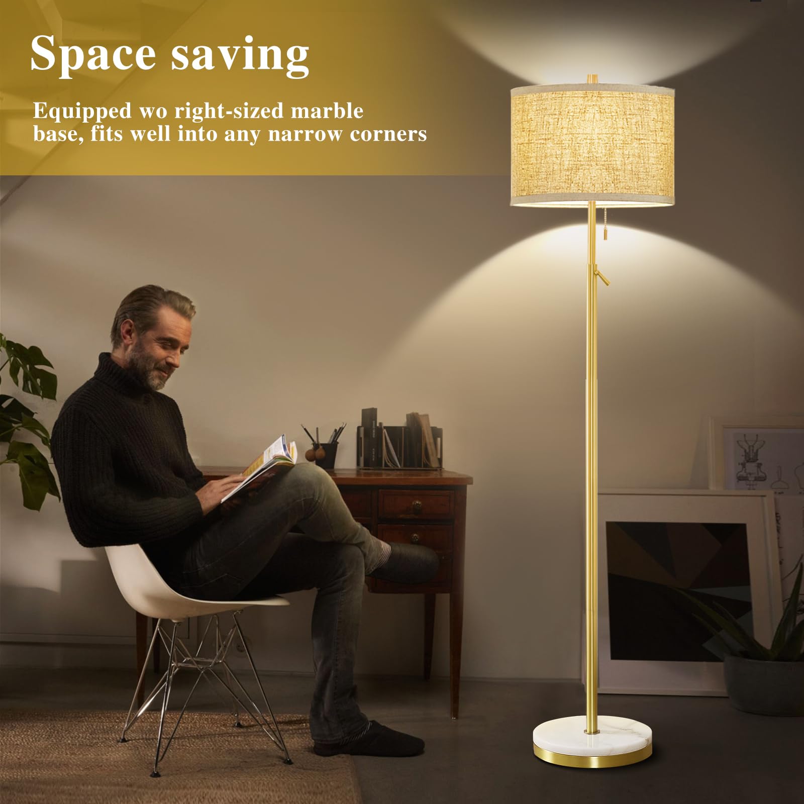 GyroVu Marble Floor Lamp, Adjustable Height, Gold, Stone Base, Pull Chain Switch, Tall Lamp for Living Room, Bedroom, Office