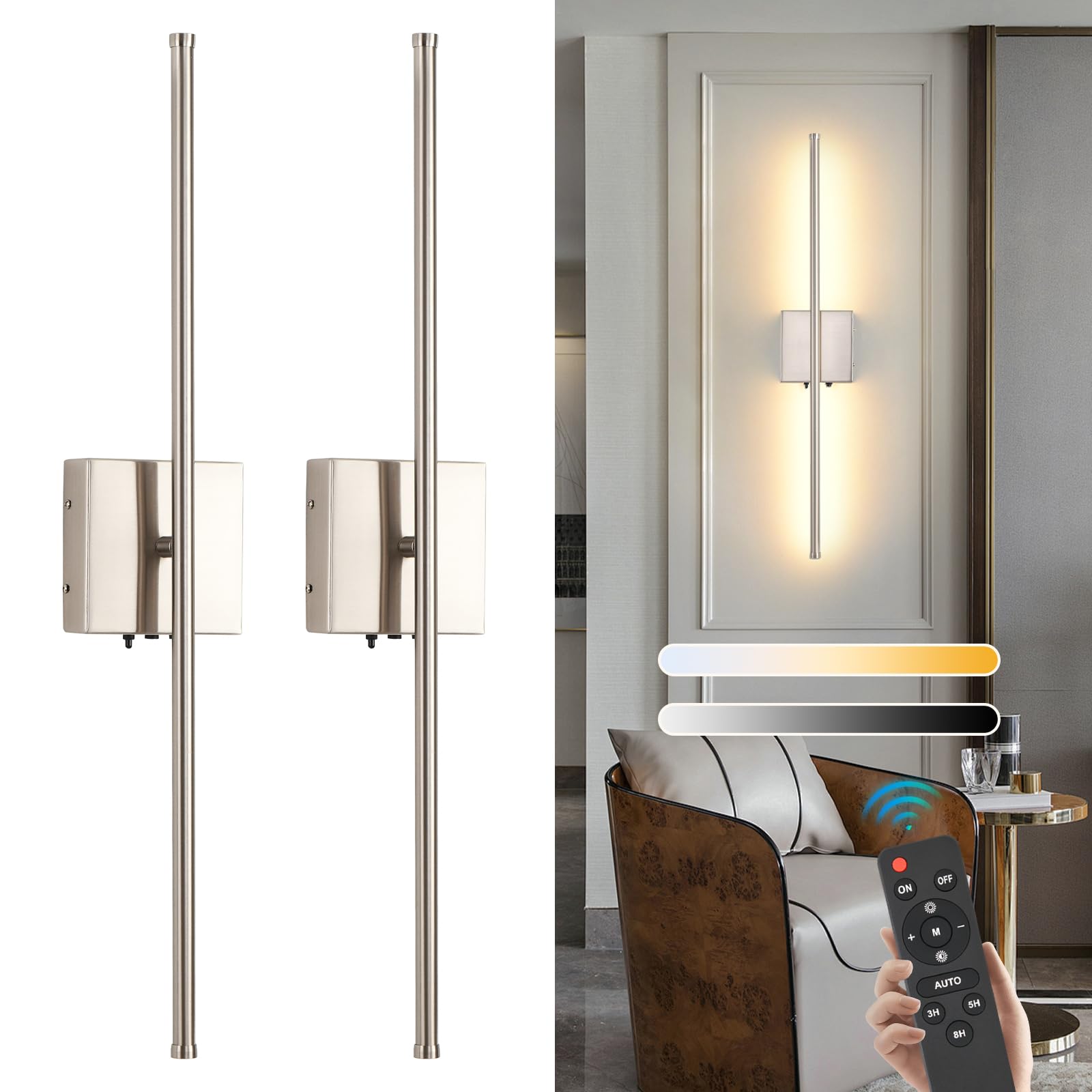 Brushed Nickel Battery Operated Wall Sconces Set of 2, 11000mAh Wireless Rechargeable Wall Lights with Remote Control, 350Rotate