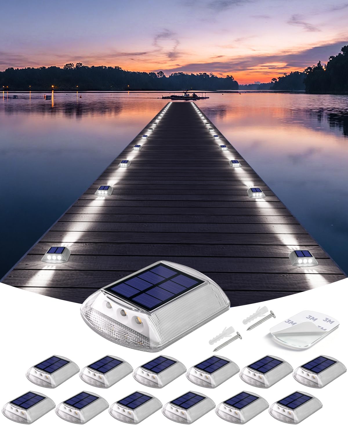 DetarZinLED Deck Lights Solar Powered, 12 Pack White Solar Pathway Driveway Light Outdoor IP68 Waterproof, Stick on & Screw Mark