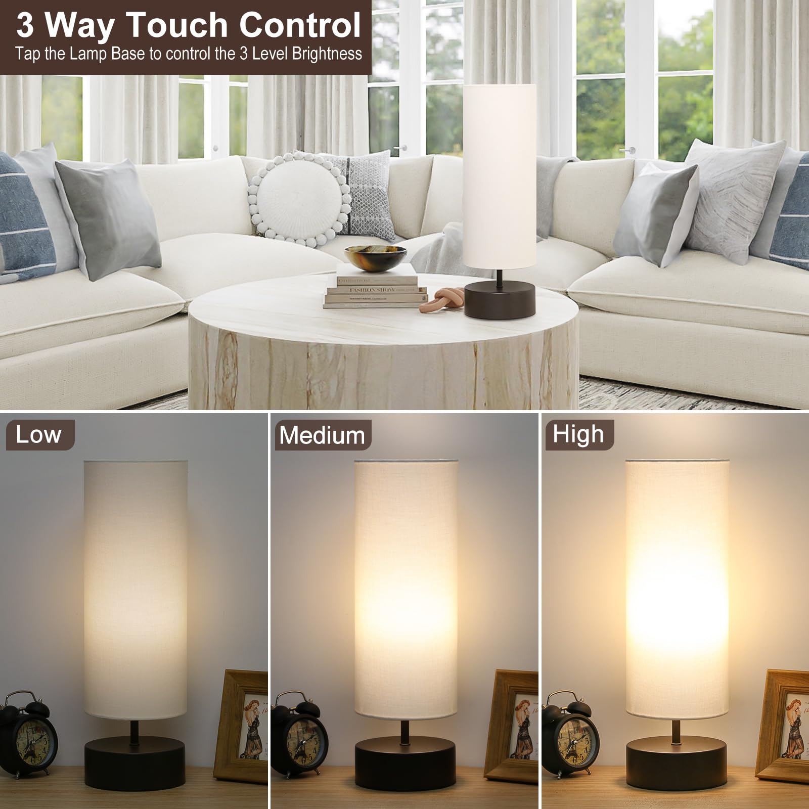 3 Way Dimmable Touch Control Table Lamp, Bedside Table Lamp With Dark Brown Base, Modern Nightstand Lamp With Beige Shade, Simpl