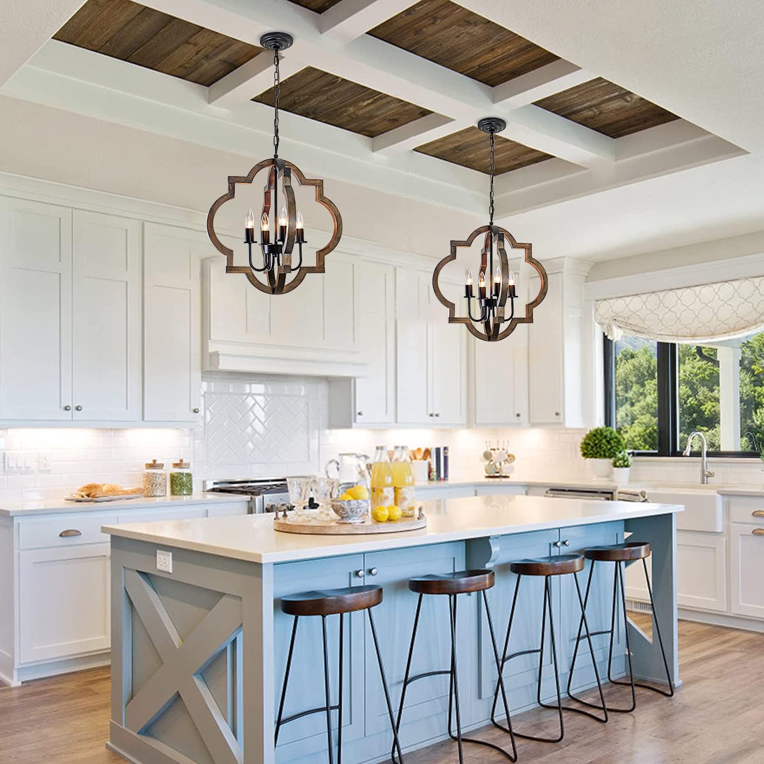 Rviezza 19.49'' Farmhouse Wood Chandelier, 4-Light Rustic Dining Room Light Fixture, Orb Chandelier Light Adjustable Height, Pendant Lighting For Kitchen Island Foyer Living Room Over Dining Table