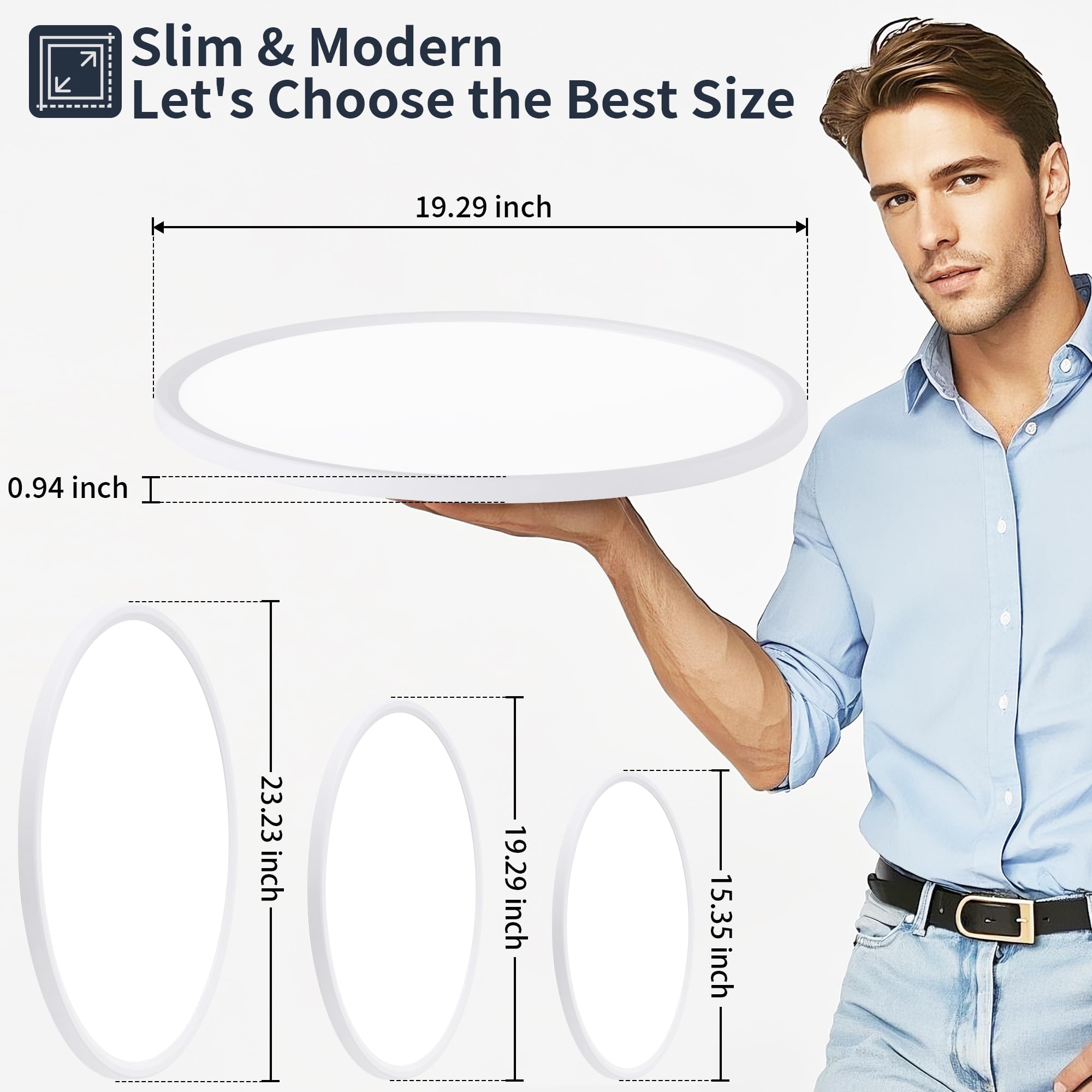 KIWIVIC 19 Inch Flush Mount Ceiling Light, Dimmable LED, 4500LM, Remote Control, 3000K/4000K/6500K, Slim Design,