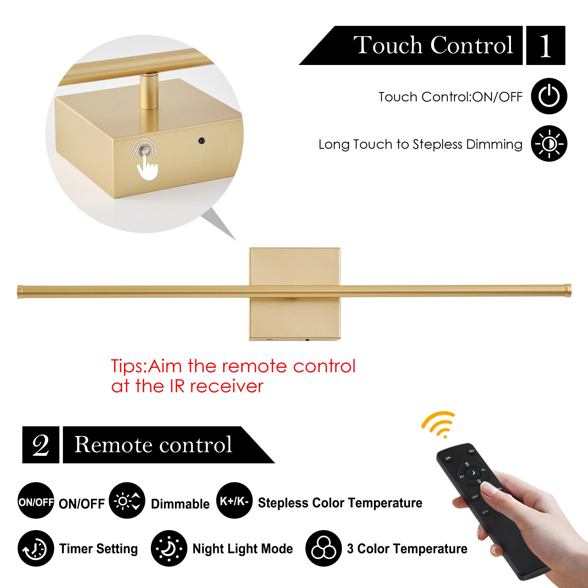 KARTOOSH Wall Sconces, Remote Control, Dimmable LED Light, 28.3 Inch, Gold, Model ZM321BGD70, 350° Rotate, 300