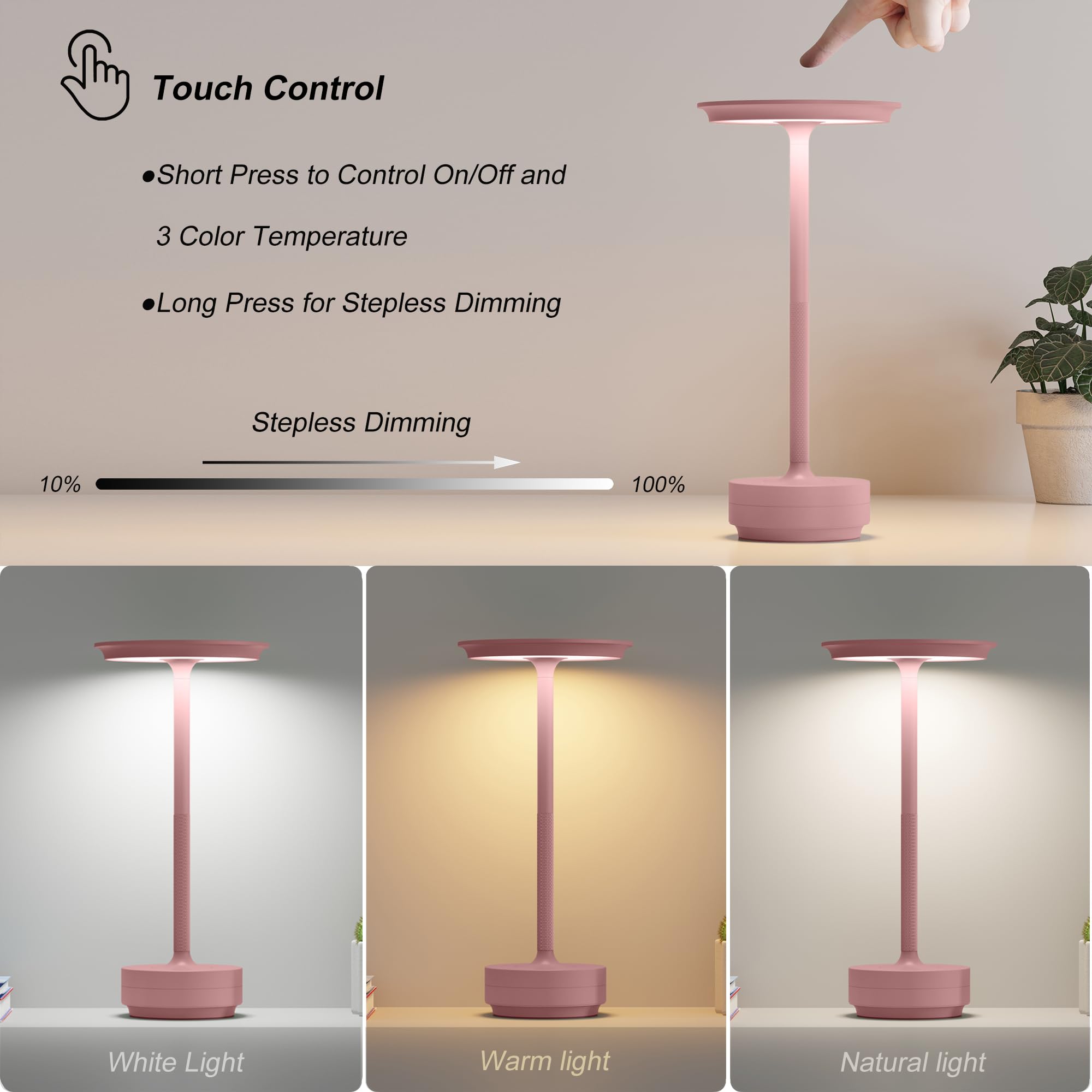 TBBGA Rechargeable Cordless Table Lamps, 3 Color Dimming, 5000mAh, Aluminum, Model T106C, Pink, 2 Pack
