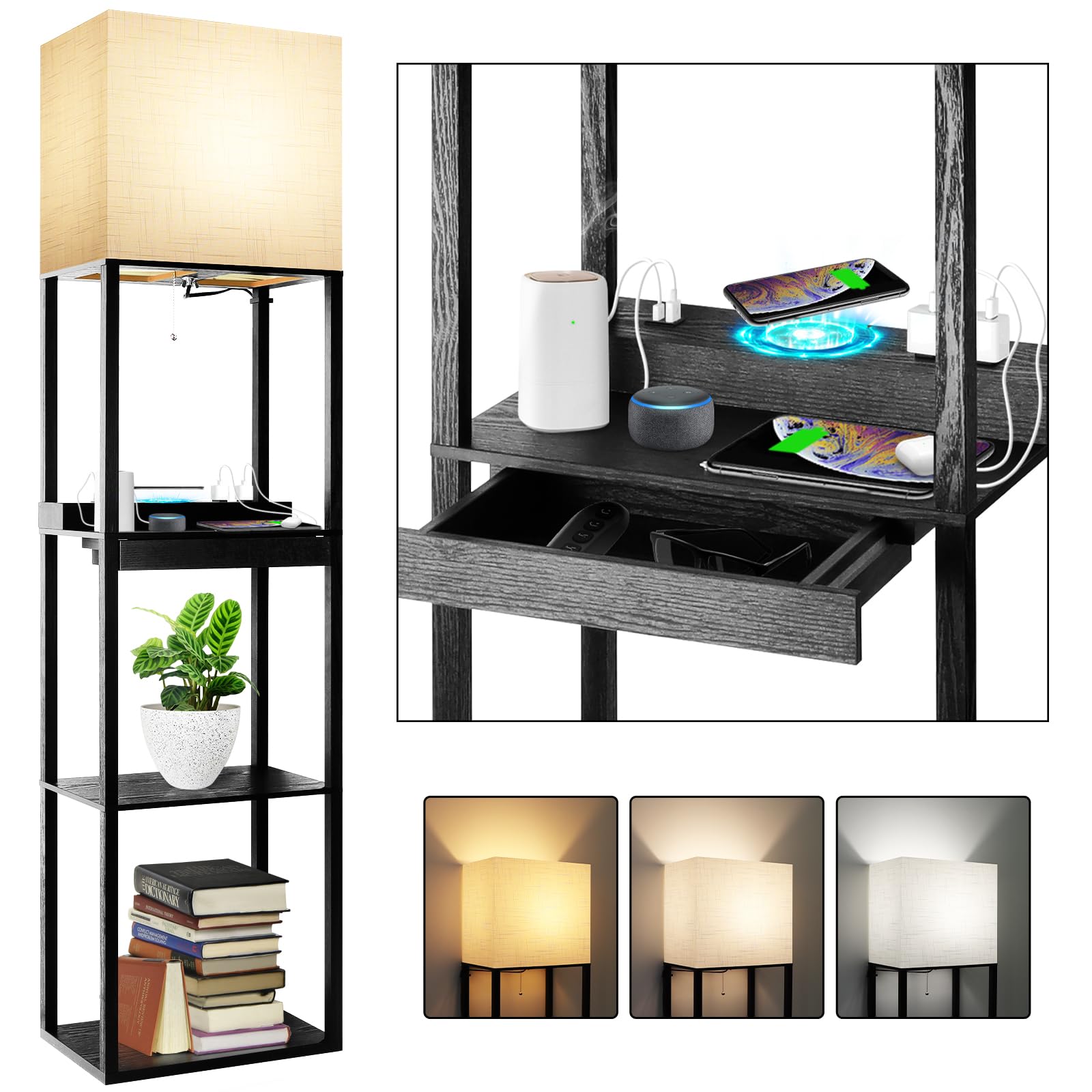 RUNTOP Plus Charging Station Floor Lamp with Wireless Charger, 2 USB-C Port, 2 Power Outlet, Floor Lamp with Shelves, 15W LED Bu