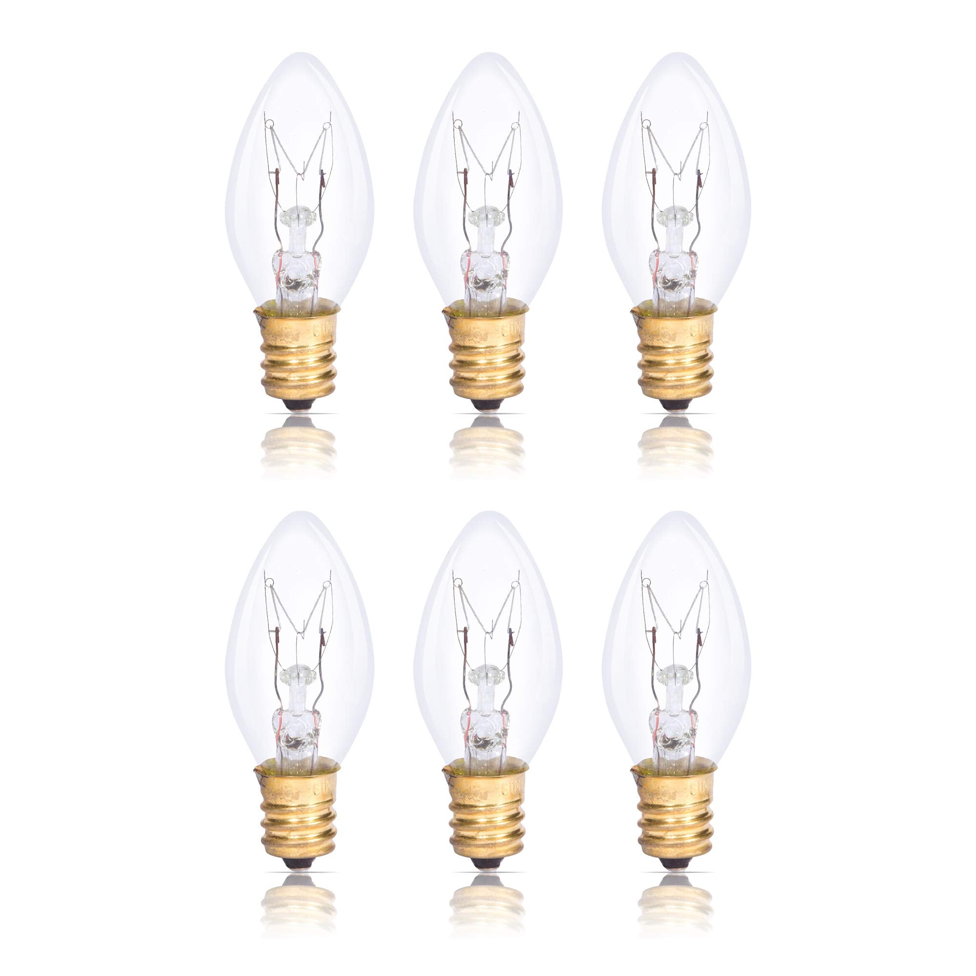 Simba Lighting C7 15W Replacement Bulb (6 Pack) for Himalayan Salt Rock and Basket, Plug in Aromatic Wax Warmer, Night Light, Clear Candle Shape, 120V, E12 Candelabra Base, Dimmable, 2700K Warm White