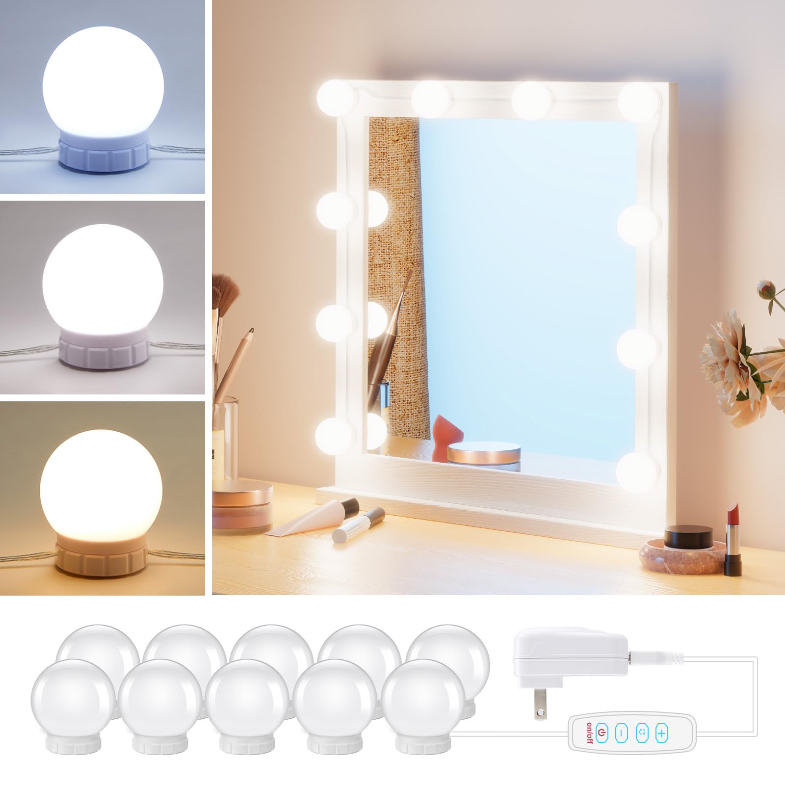 Brightown Hollywood Style LED Vanity Mirror Lights Kit, 10 Dimmable Bulbs, Plastic, 3 Colors, Model FY1201500