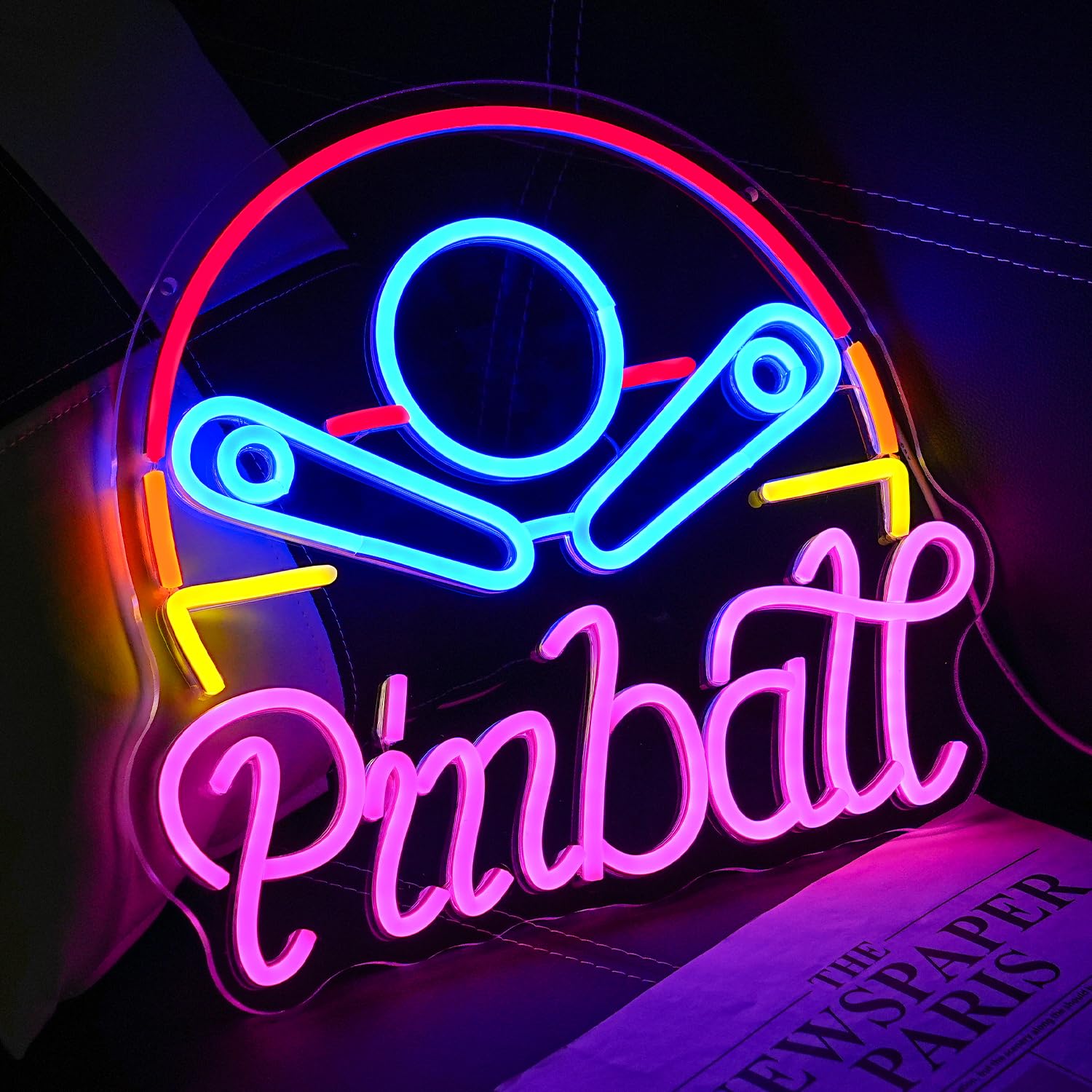 LULANMP Pinball Neon Sign - Colorful LED Acrylic Light for Game Room, 14.6inx12.9in, USB Powered