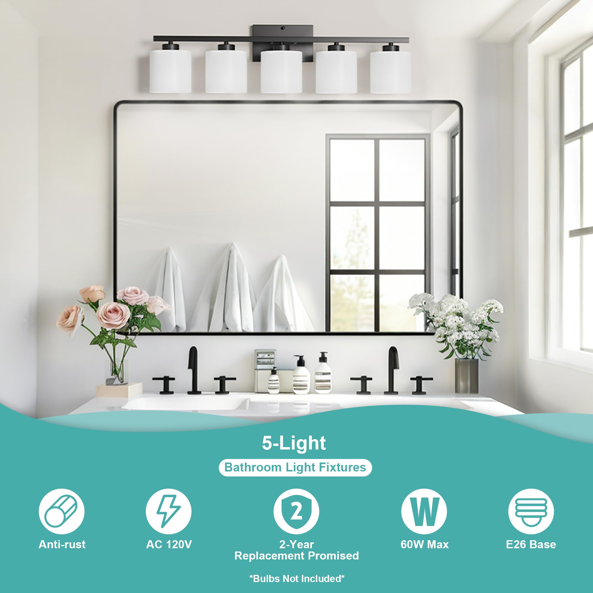 Honesorn 5-Light Bathroom Vanity Light Fixtures, Matte Black, Frosted Glass Shades, E26 Base, Modern Design