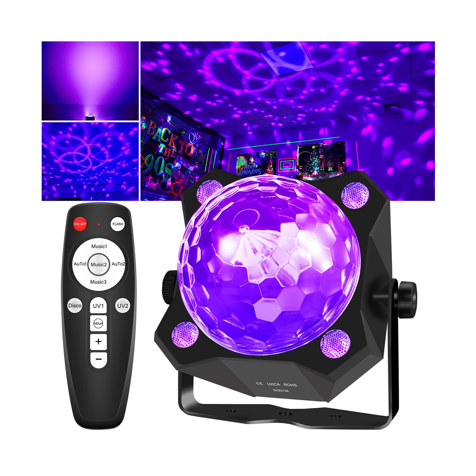 DJPTYGCK 2 in 1 Glow Party Black Light Disco Ball Light with Sound Activated Strobe Dj Party Lights Black Lights, for Halloween 