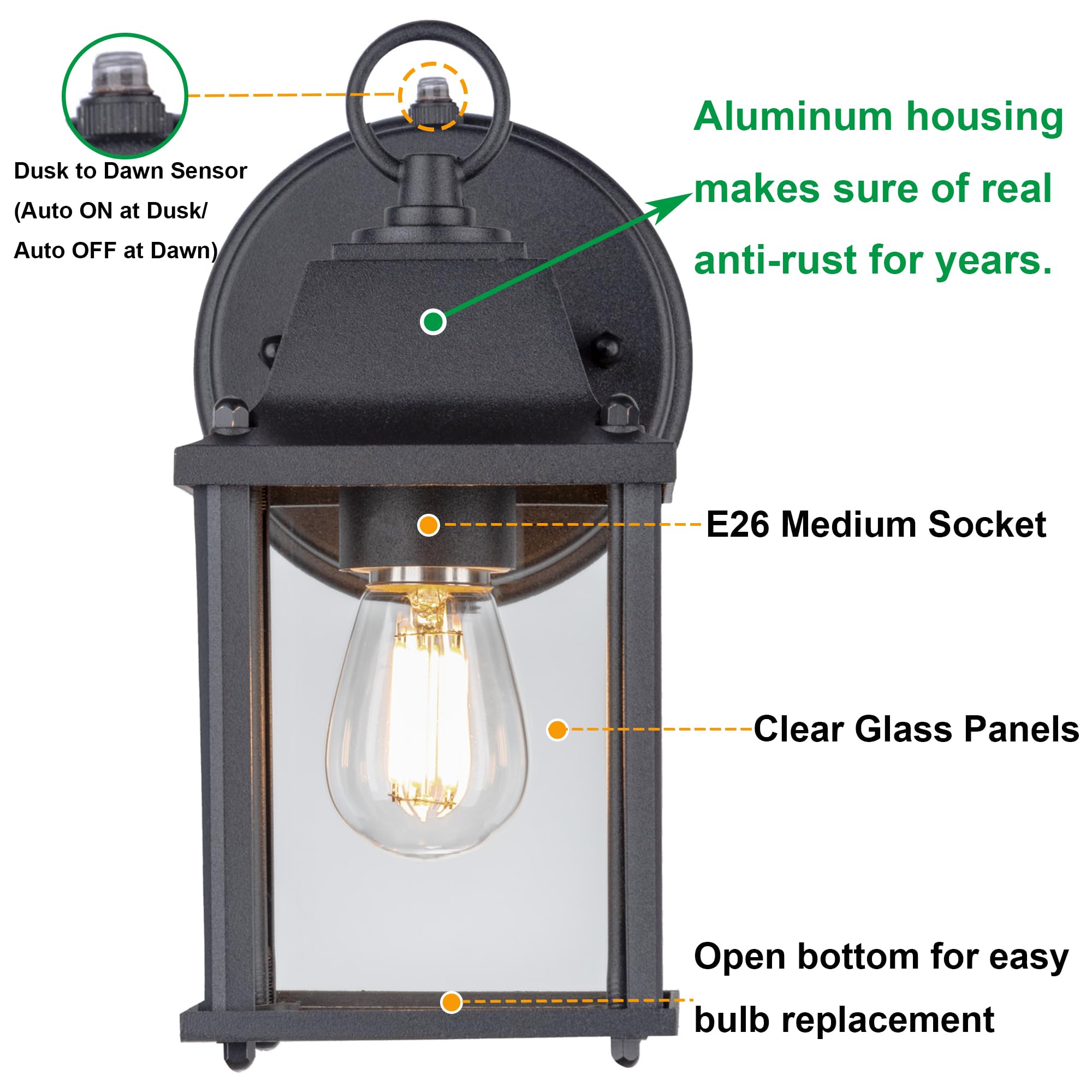Lit-Path Dusk To Dawn Outdoor Wall Lantern, Wall Sconce Waterproof Porch Lighting Fixture, E26 Base, Aluminum Housing With Glass