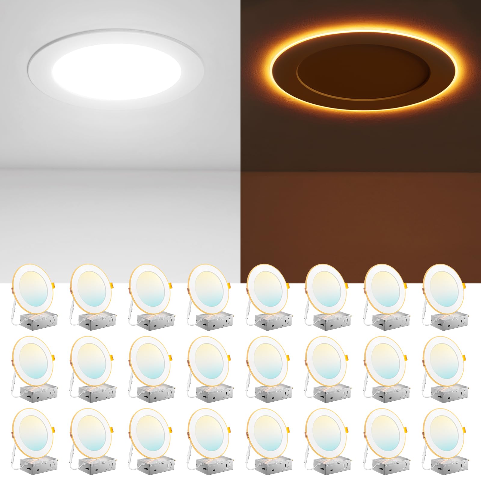 Amico 24 Pack 6 Inch 5Cct Led Recessed Ceiling Light With Night Light, 2700K/3000K/3500K/4000K/5000K Selectable Ultra-Thin Recessed Lighting, 12W=110W, 1100Lm, Dimmable Canless Wafer Downlight Etl&Fcc