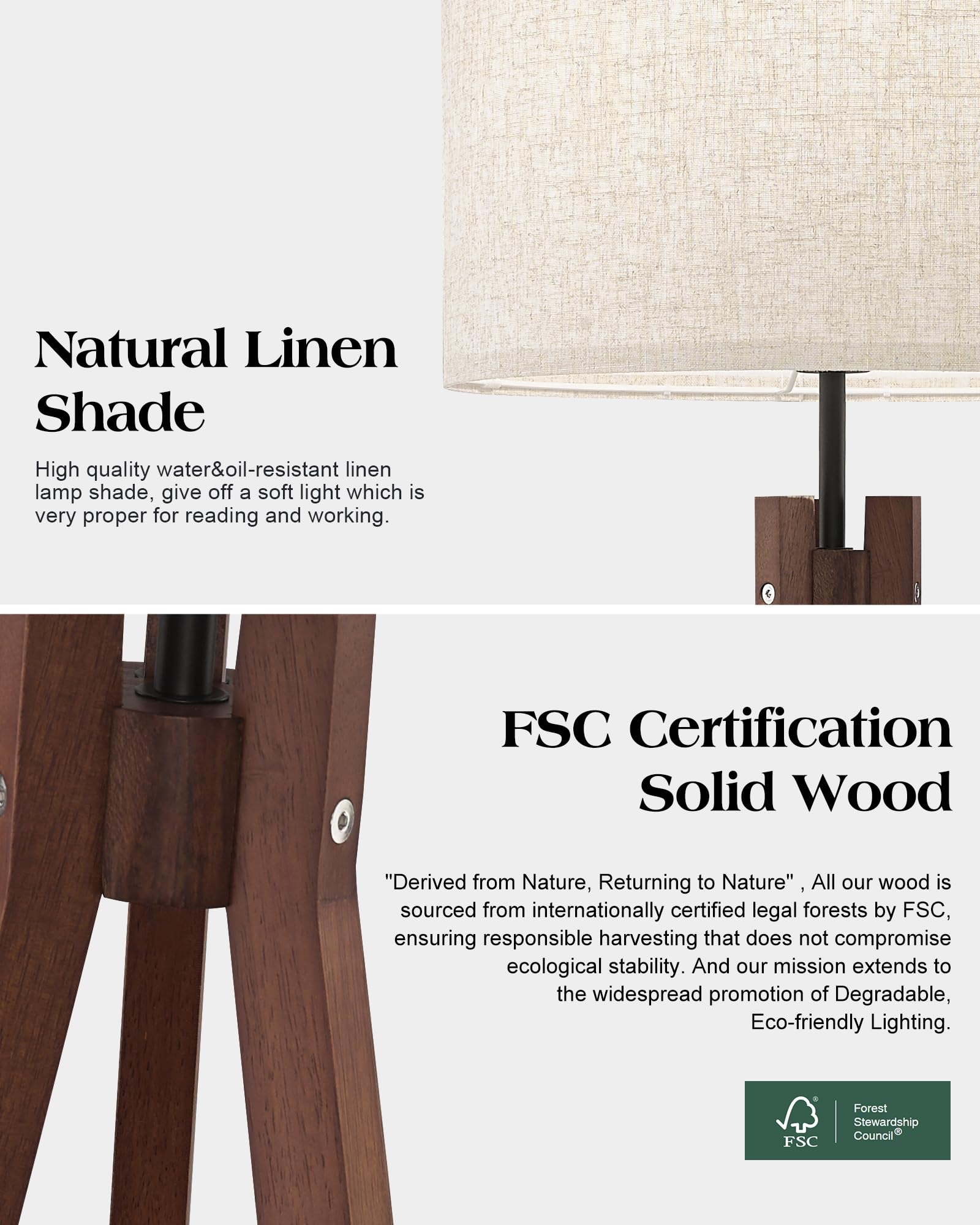 ELYONA Wood Tripod Floor Lamp, Mid Century Design, 3 Color Temperatures, Brown, Model UF1103-WA, LED Bulb Included