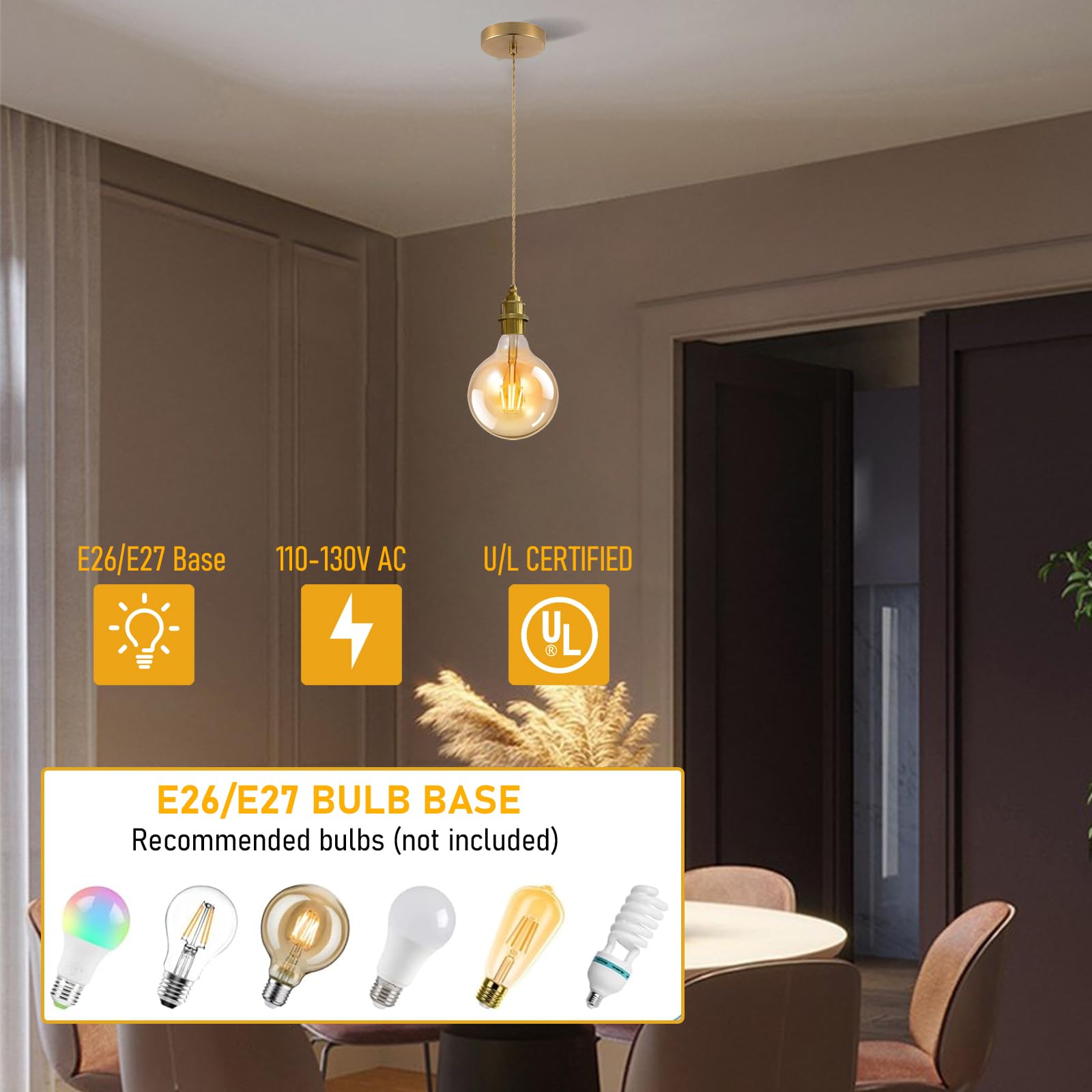 DTIEDY Gold 1-Light Pendant Light Kit, Adjustable 4.92ft, Metal Hanging Fixture for Kitchen Island, Dining Room - Model Gold-02-US