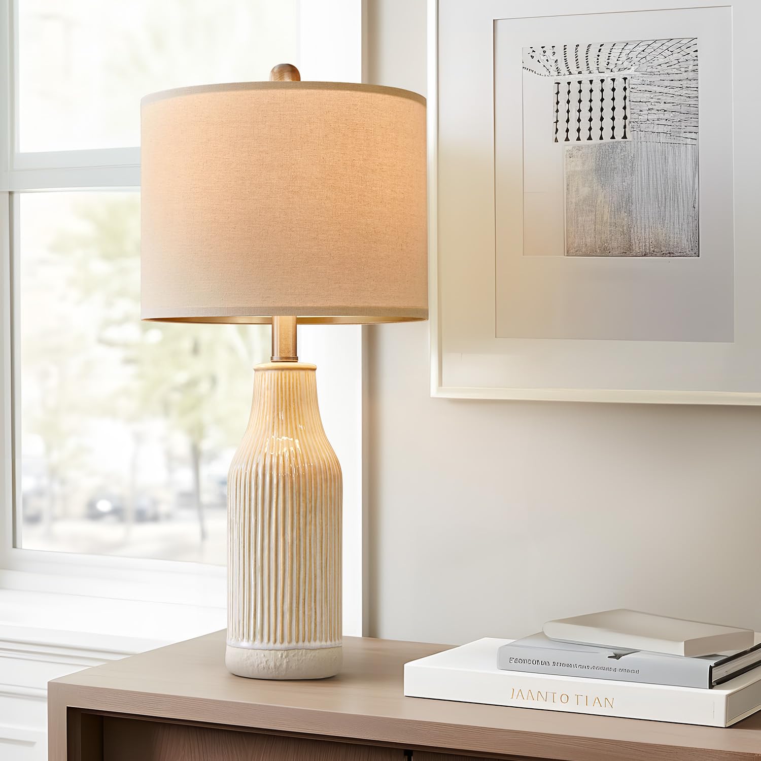USumkky Modern Ceramic Table Lamp Set of 2, 23.75" Beige Vertical Stripe, Ideal for Living Room & Bedroom Decor