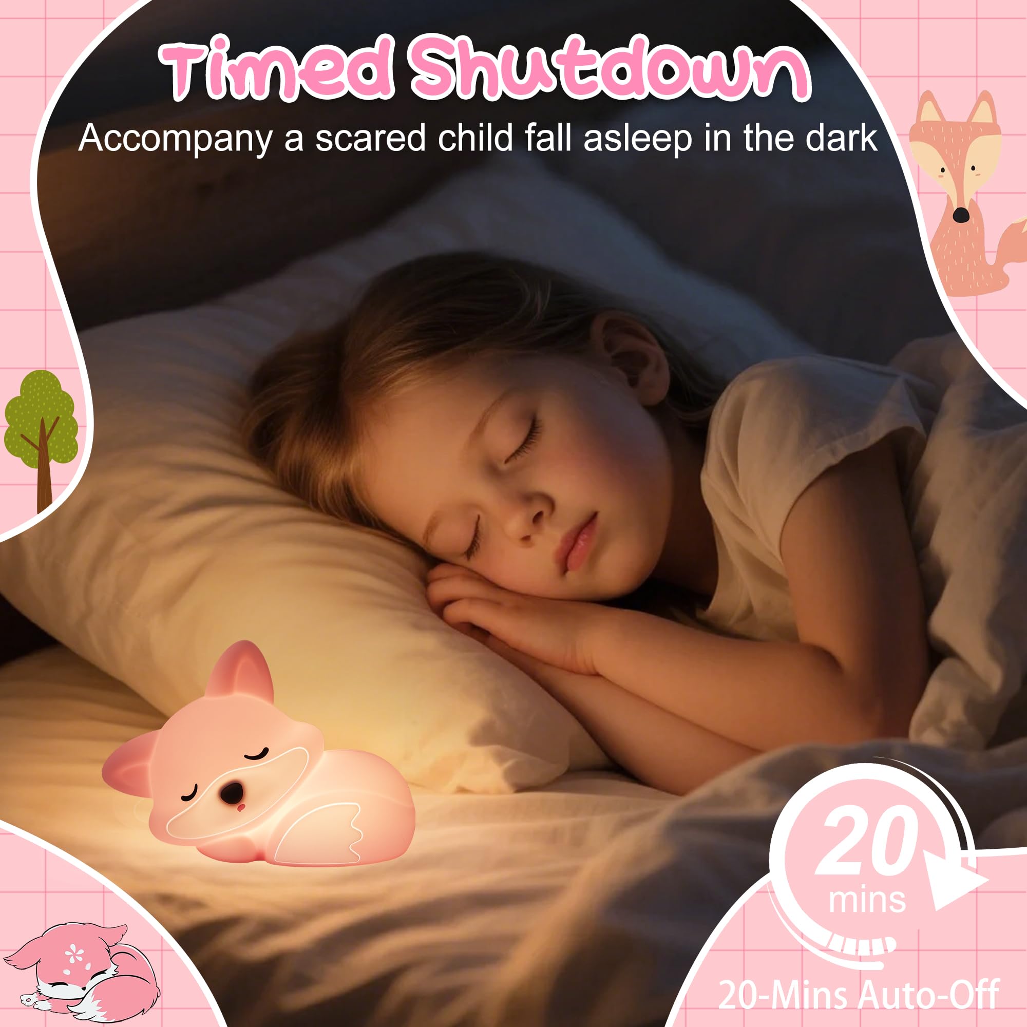 Okayera Fox Lamp For Girls  Pink Silicone Squishy Fox Shaped  20 Mins Auto-Off Rechargeable Dimmable Night Light  Fox Gifts For Nursery Baby Girl Women  Christmas Idea