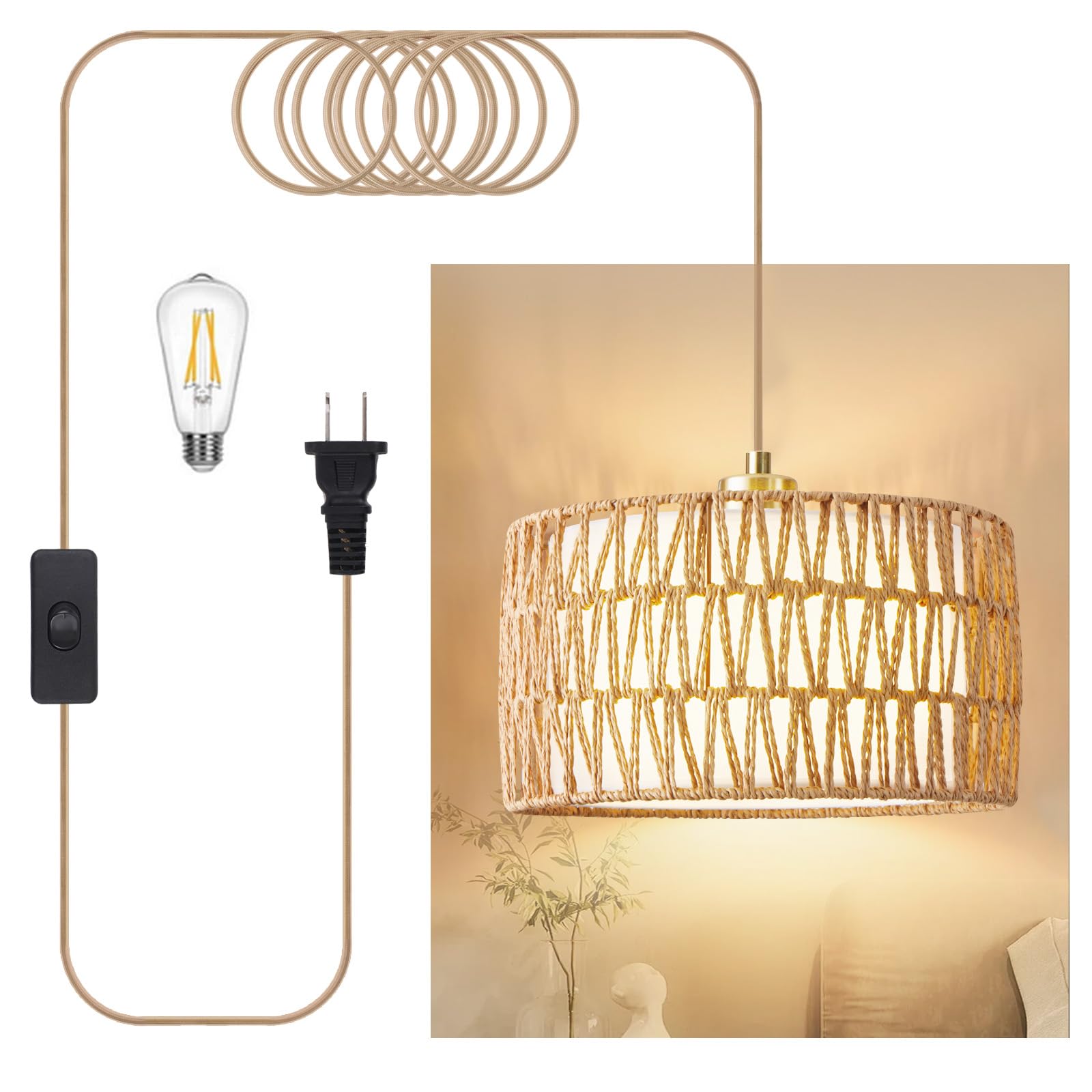 BeserWin Plug in Pendant Light Rattan Hanging Lights with Plug in Cord  Woven & Fabric 2 in 1 LampShade  Hanging Lamp Plug in for Bedroom Living Room Kitchen Island (Bulb Included)
