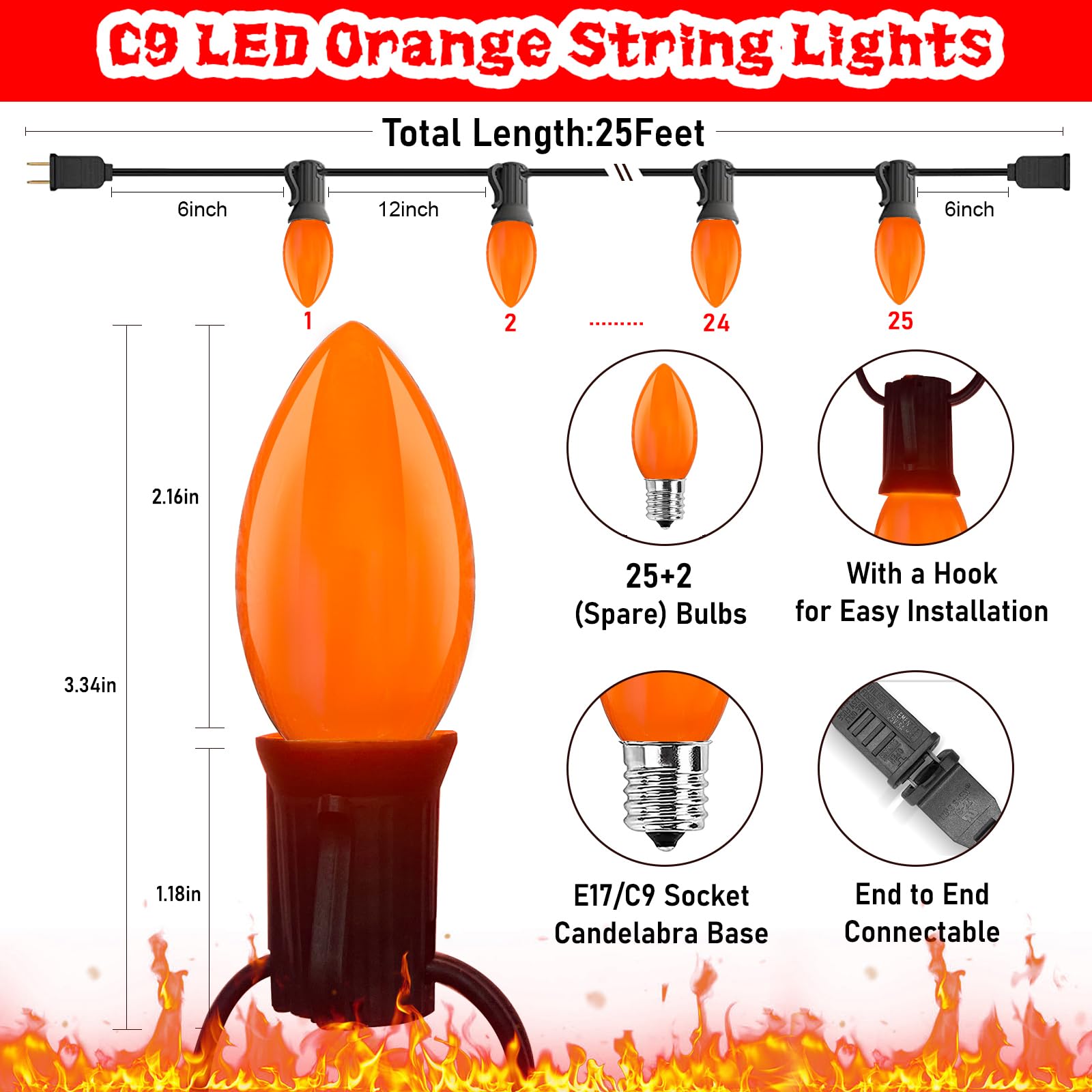 SUNSGNE C9 LED String Lights - 25FT Halloween Outdoor Lights with 27 Orange Bulbs, Black Wire, Model ULP(9)-LR(20)(0.6W)