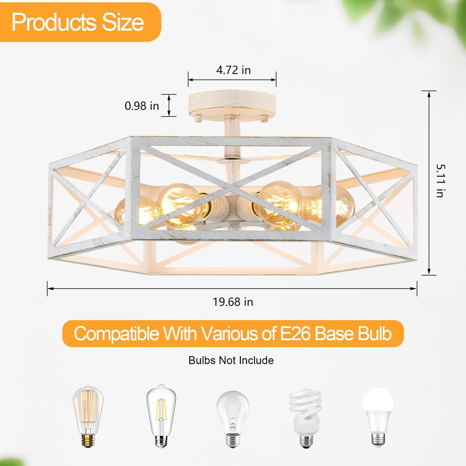 Xsdetu 19.68'' Semi Flush Mount Ceiling Light, Farmhouse 6-Light White Kitchen Lighting Fixtures Ceiling Mount, Modern Flush Mount Light Fixture, Metal Hexagon Cage Ceiling Lamp For Hallway