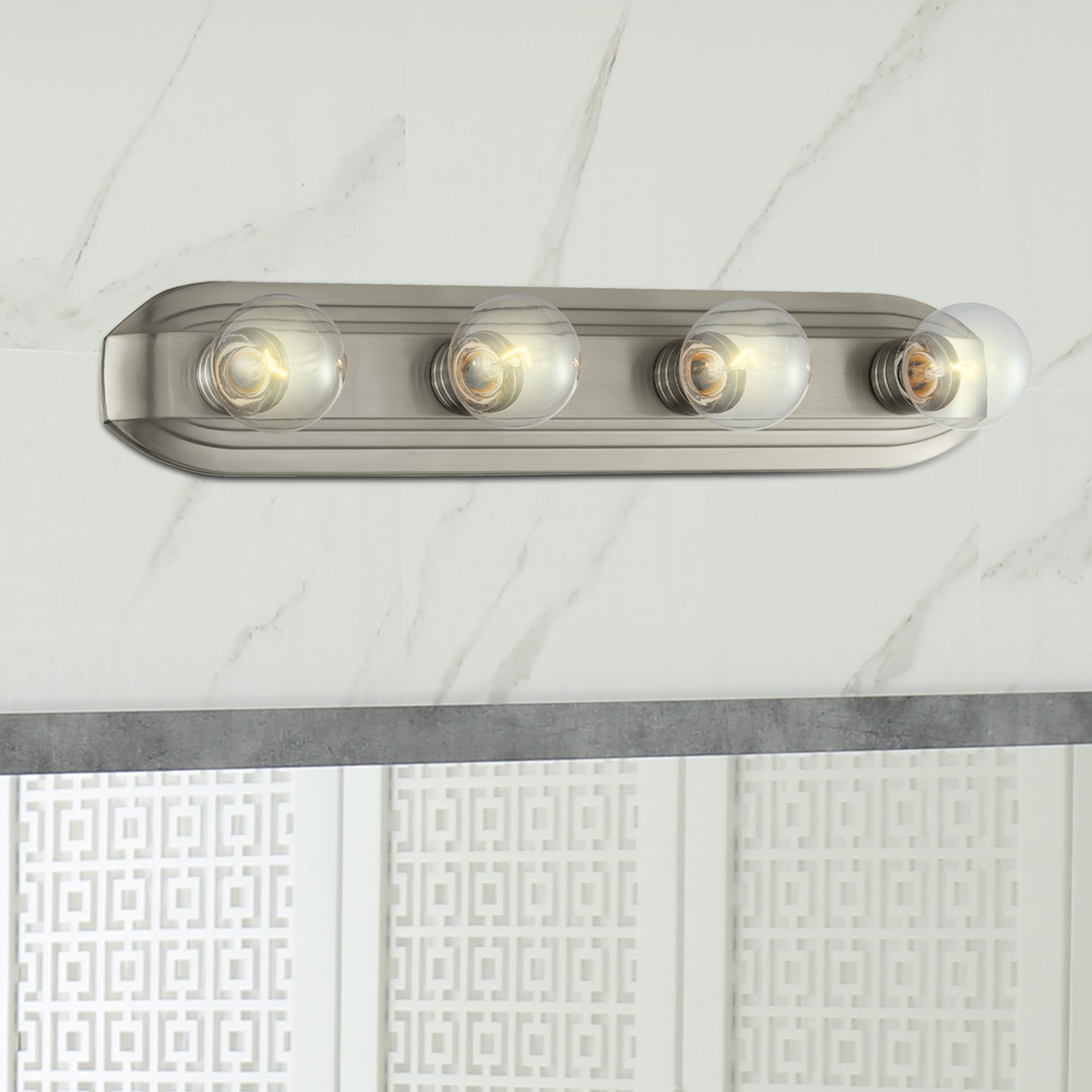 Designers Fountain Melrose 4-Light Bathroom Vanity Light Fixture, Brushed Nickel, Glass, Model 6614-BN