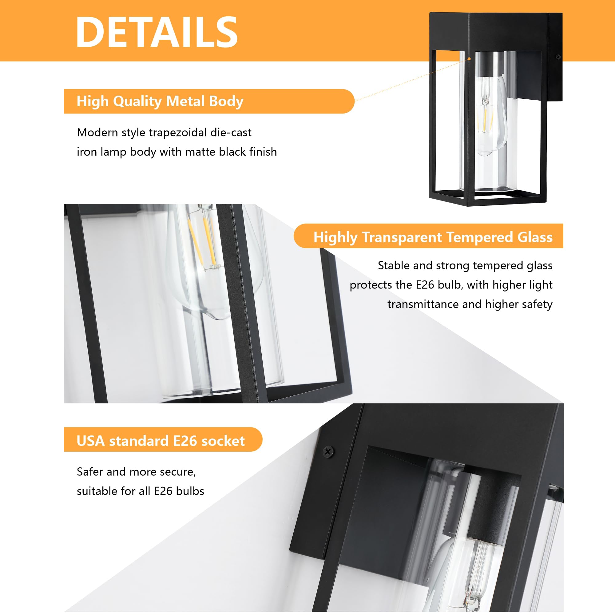 DAKAFUL Outdoor Wall Light Fixture - 2-Pack Modern Sconce with E26 Sockets & Glass Shades, Black for Porch, Patio, Garage Door