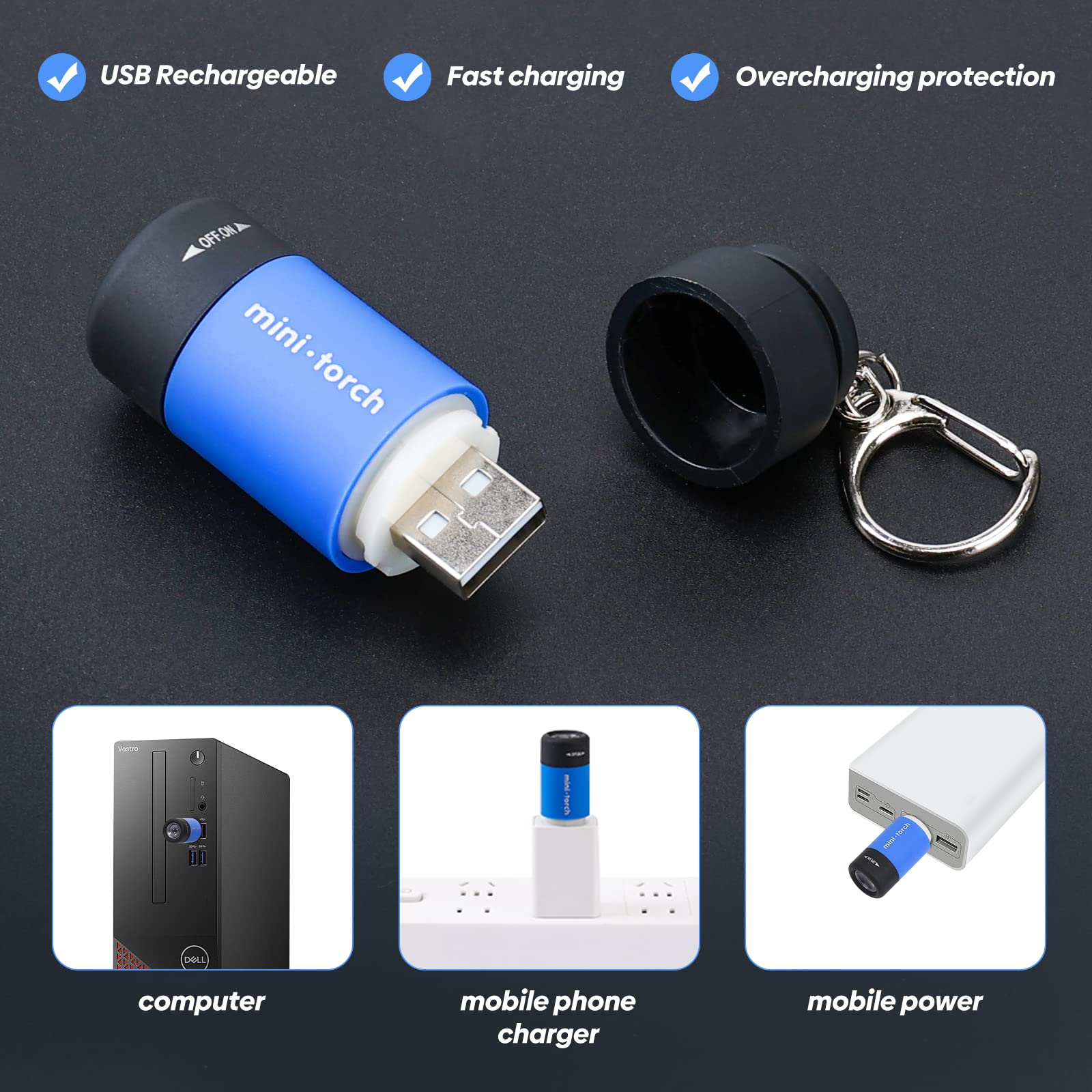 Tileon Mini Keychain Light - Usb Rechargeable Waterproof Flashlights, 3 Pack For Kids & Family