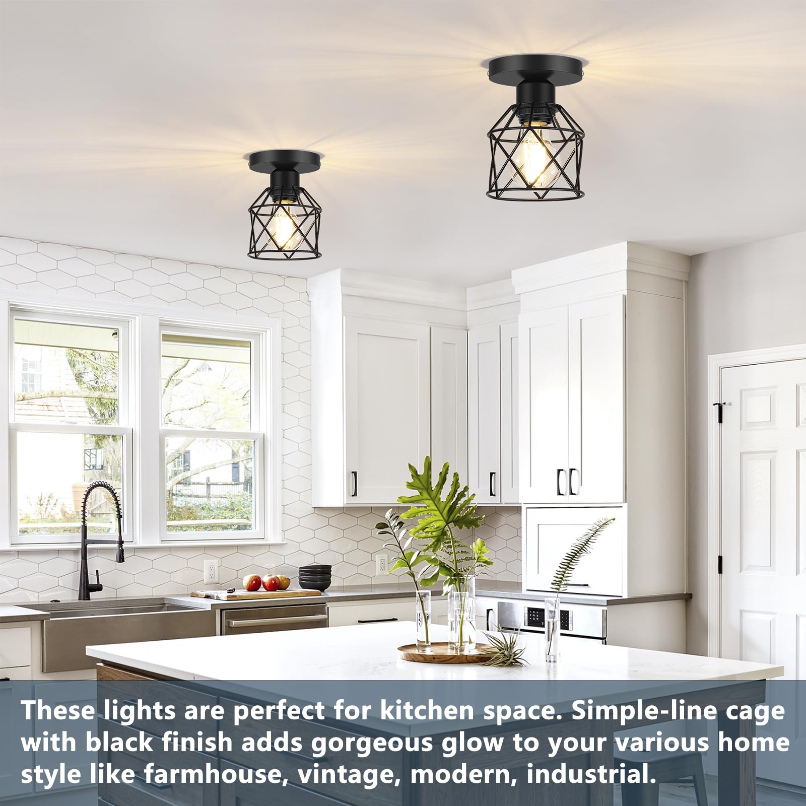 FadimiKoo Semi Flush Mount Ceiling Light, Black Metal Cage, 2-Pack, Indoor Fixtures for Kitchen, Porch, Bedroom