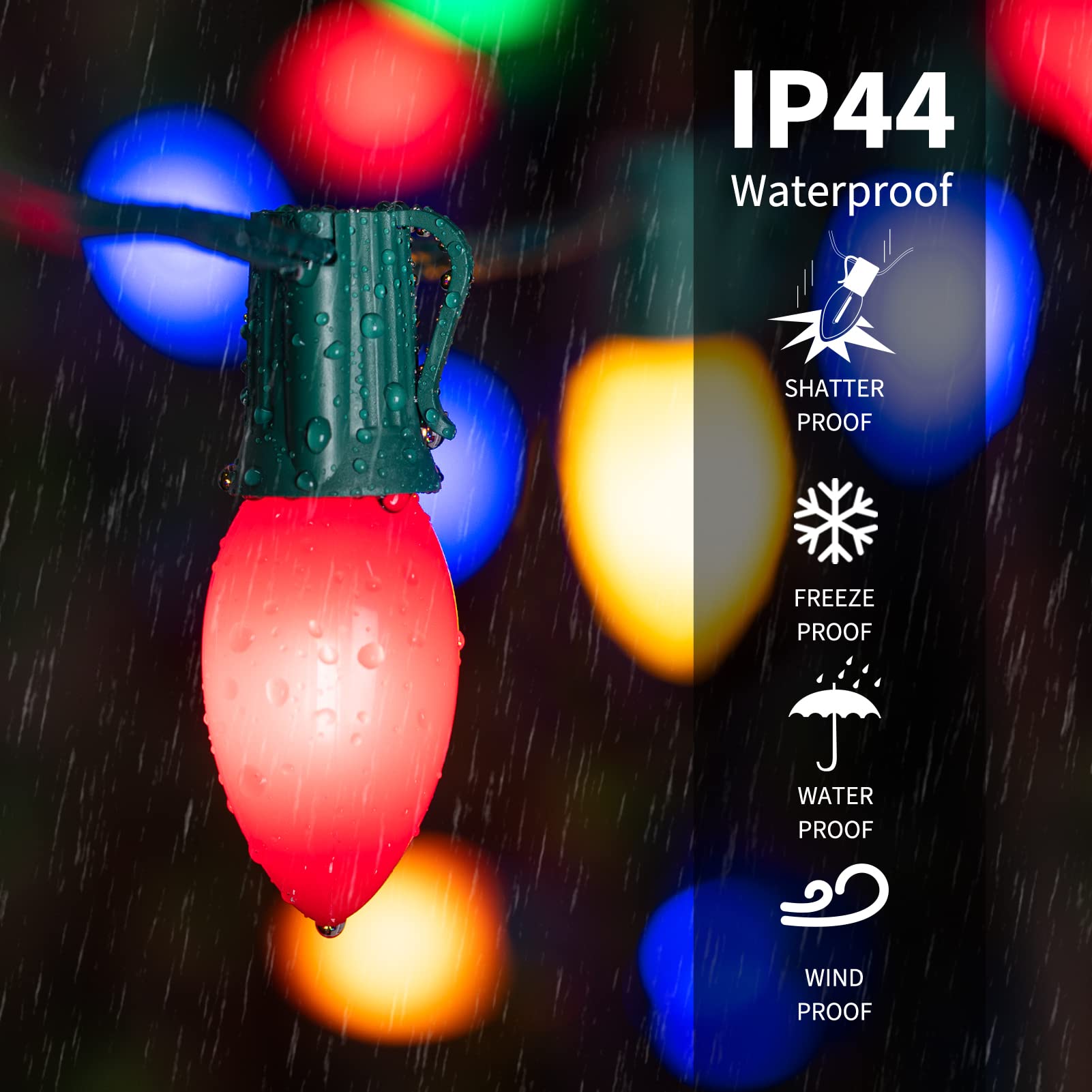 Minetom Vintage C9 LED Christmas Lights, 50FT Multicolor, Plastic, Green Wire, Model GYPI-O50LAU, Outdoor/Indoor Holiday Decoration