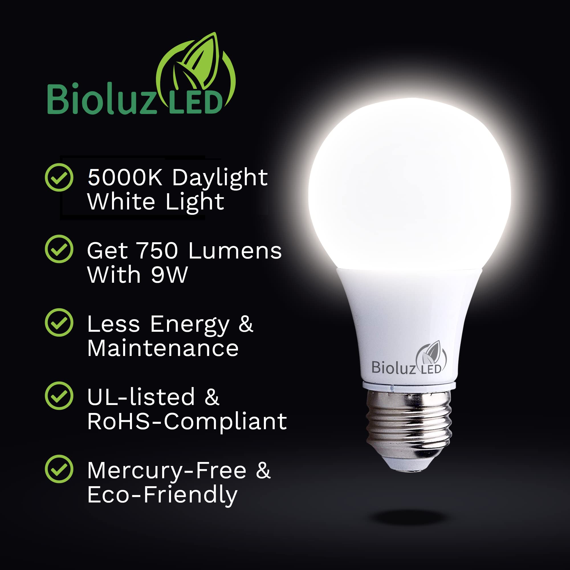 Bioluz Led 60 Watt Led Light Bulbs 5000K Daylight 9 Watts = 60W Light Bulbs Non-Dimmable A19 18 Pack