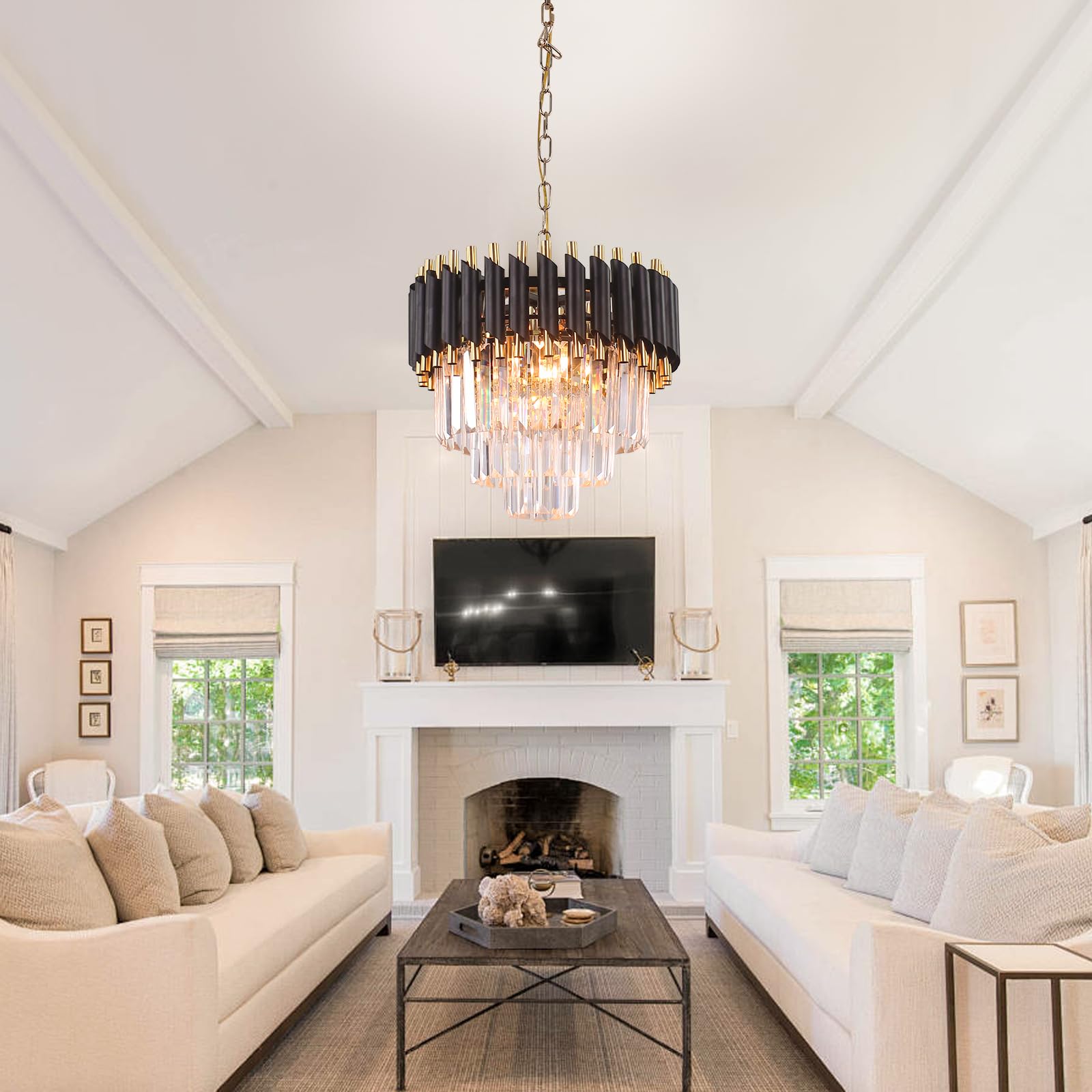 Frixchur 16&quot; Modern Crystal Chandelier - 3-Tier Black & Gold Raindrop Flush Mount Light Fixture