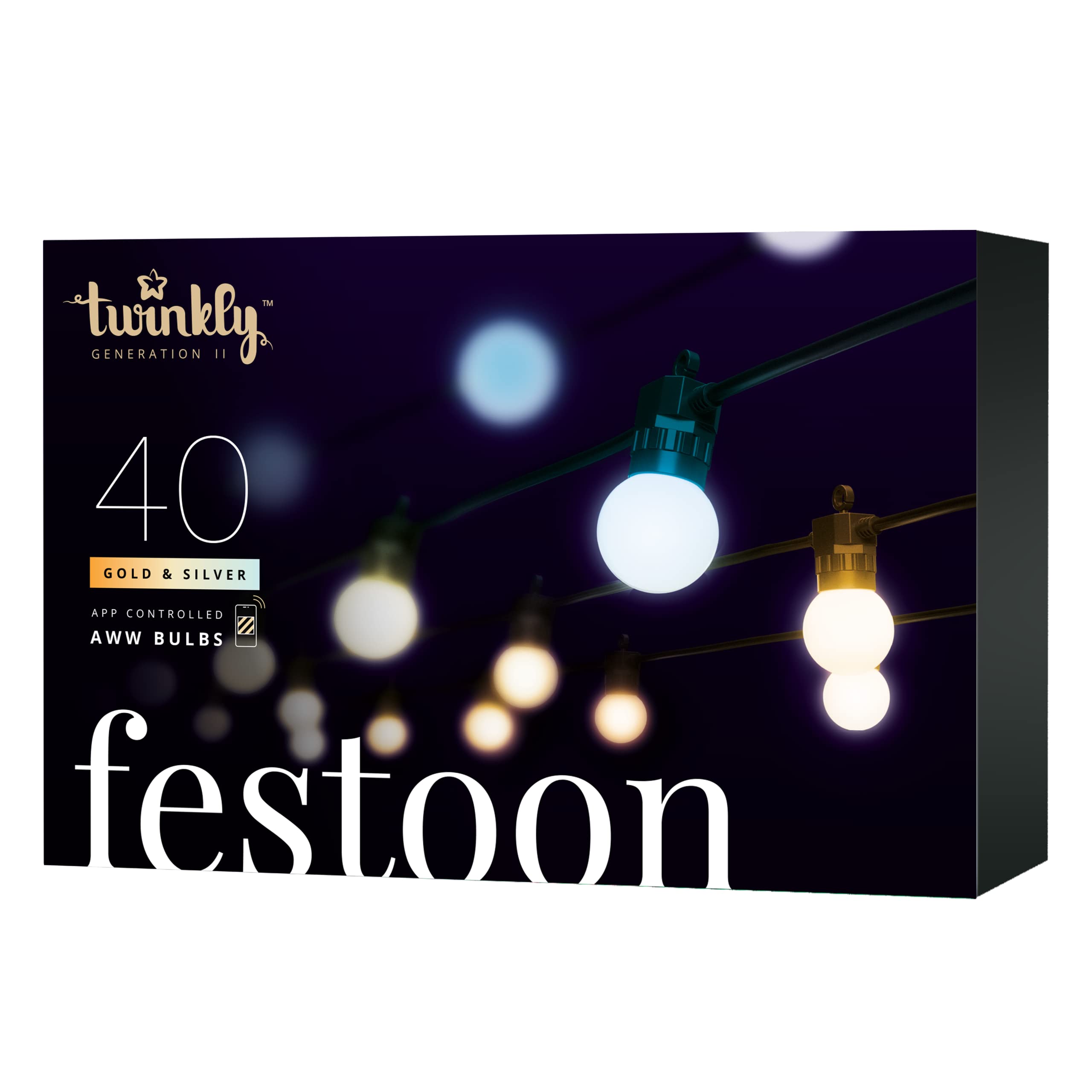 Twinkly Festoon 40 White LEDs, Light Chain with 40 LED Bulbs, Outdoor and Indoor Lights from Warm White to Cool, Compatible with