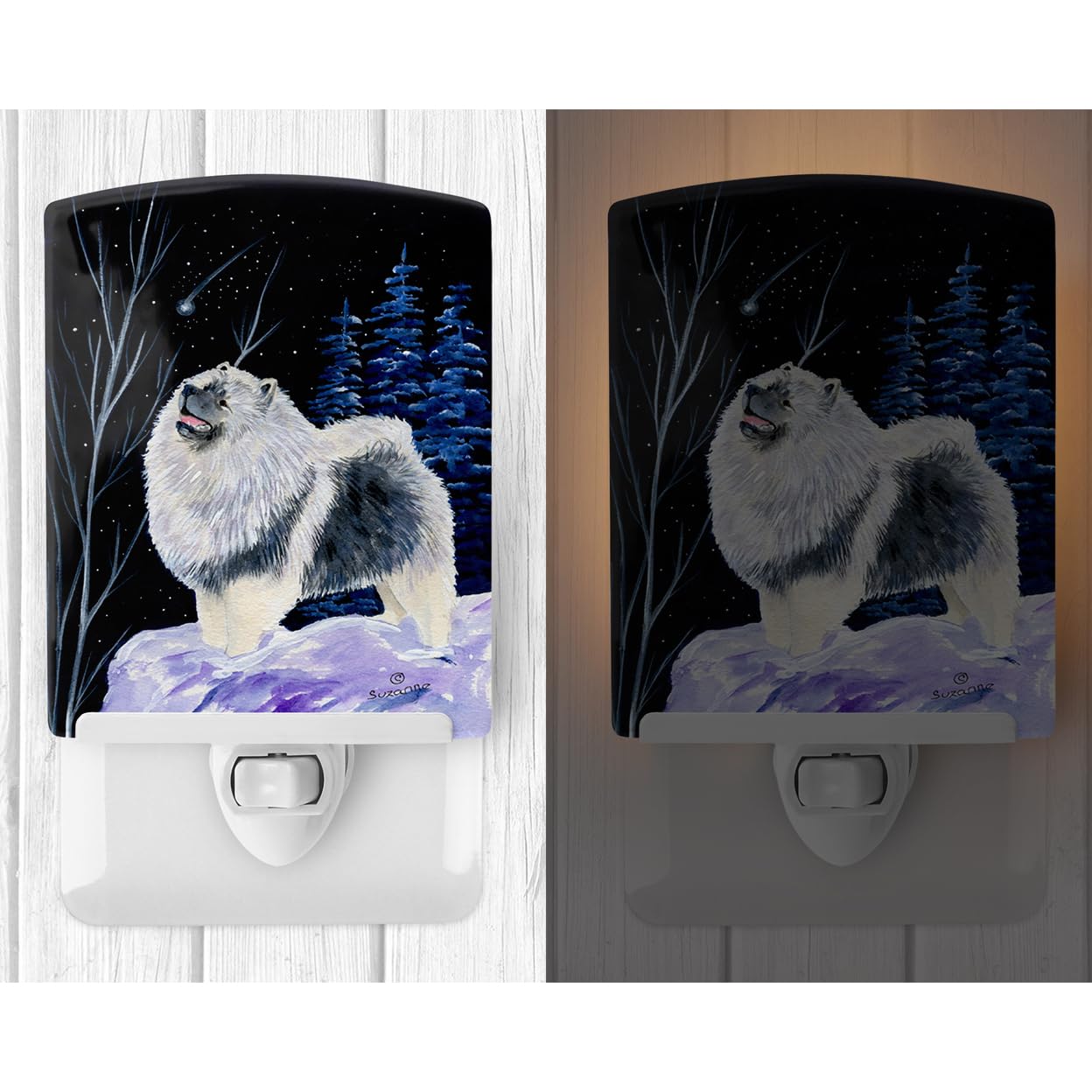 Caroline'S Treasures Ss8357Cnl Starry Night Keeshond Ceramic Night Light Compact, Ul-Certified, Ideal For Bedroom, Bathroom, Nursery, Hallway, Kitchen, 6X4X3, Multicolor