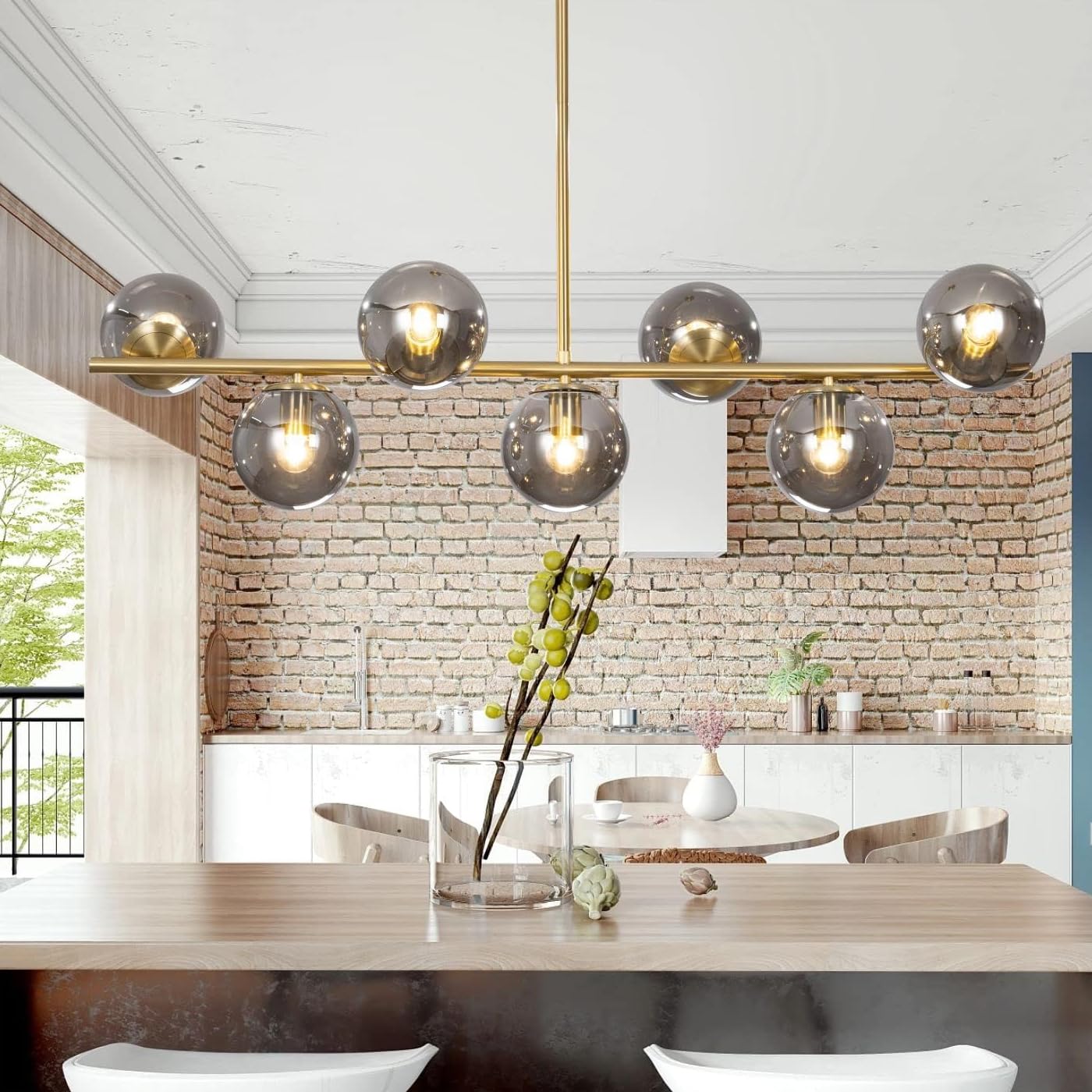 Kco Mid Century Modern 7-Light Gold Brass Sputnik Chandelier With Smoke Glass Spheres