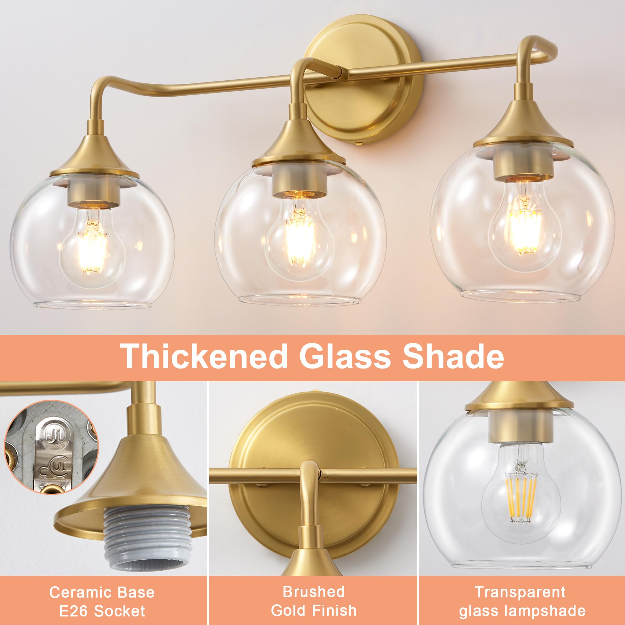 Gednbo Gold Bathroom Vanity Light Fixture, 3-Light Design, Clear Glass Shade, 22 Inch, Model G1796