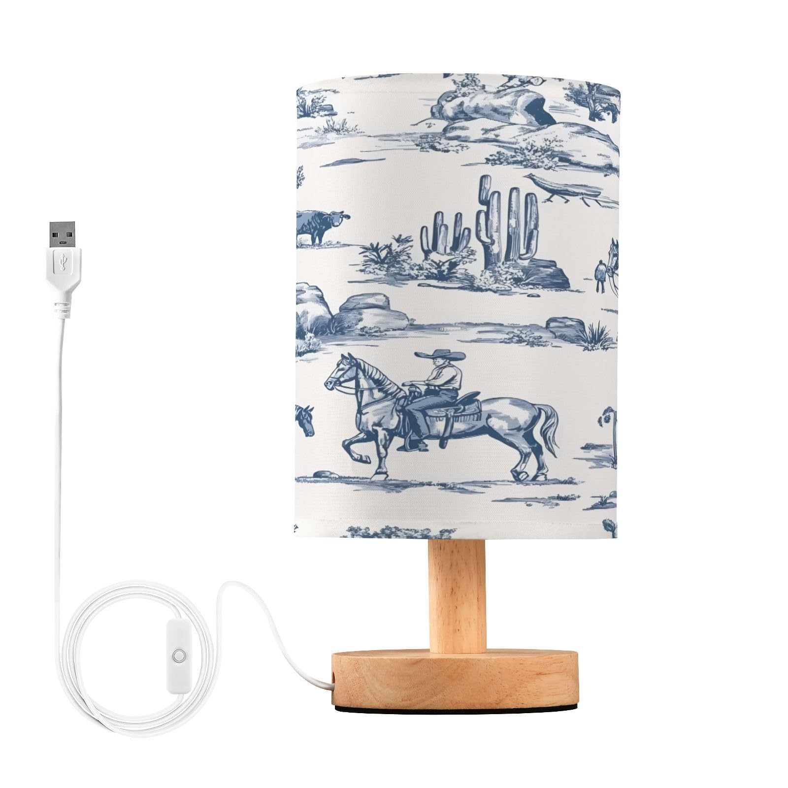 ALAZA Bedside Table Lamp Western Cowboy Equestrian Horse Blue Lamp for Girls Boys Bedroom with USB Port LED Kids Nightstand Lamp